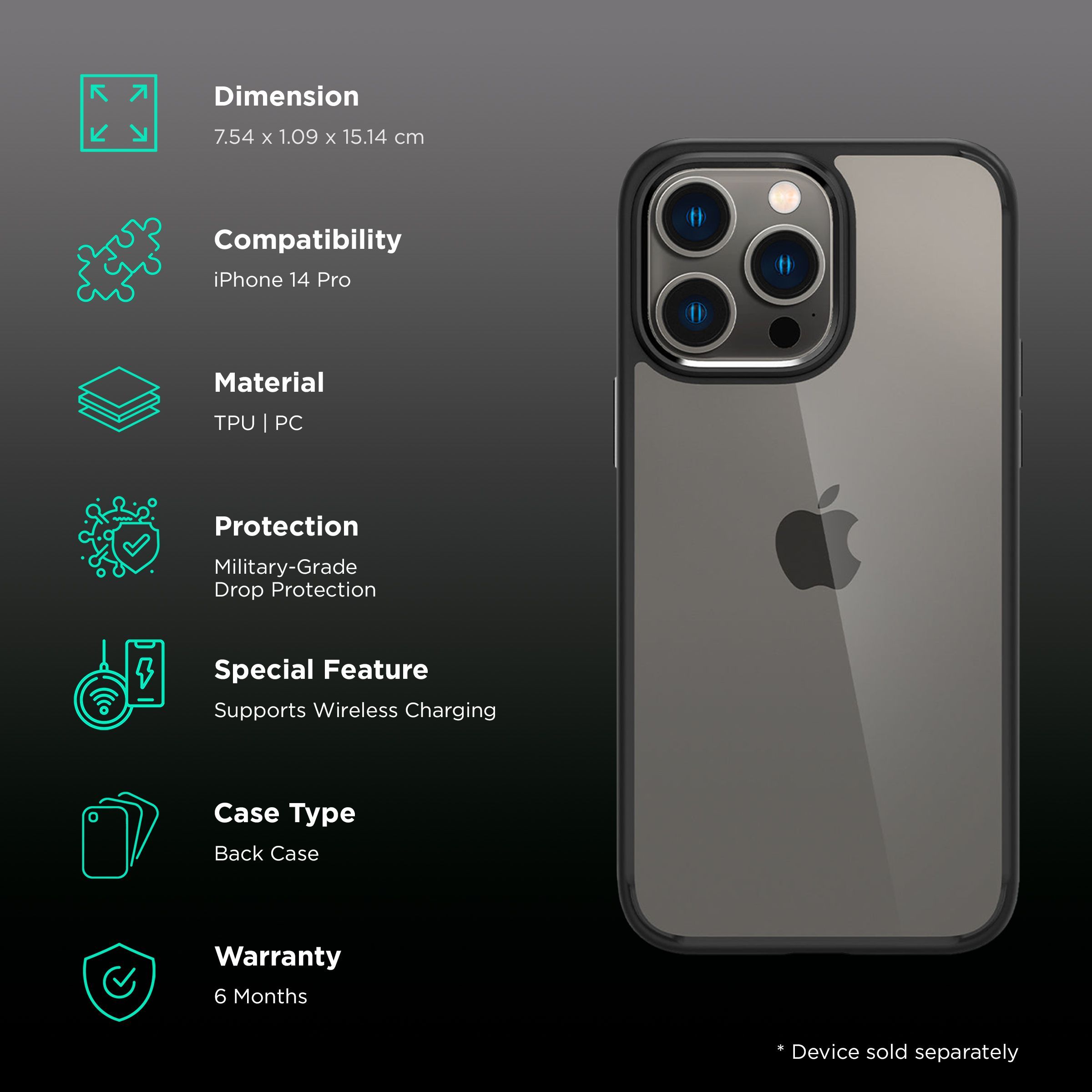 spigen Ultra Hybrid TPU & Polycarbonate Back Case for Apple iPhone 14 Pro (Wireless Charging Compatible, Matte Black)_2