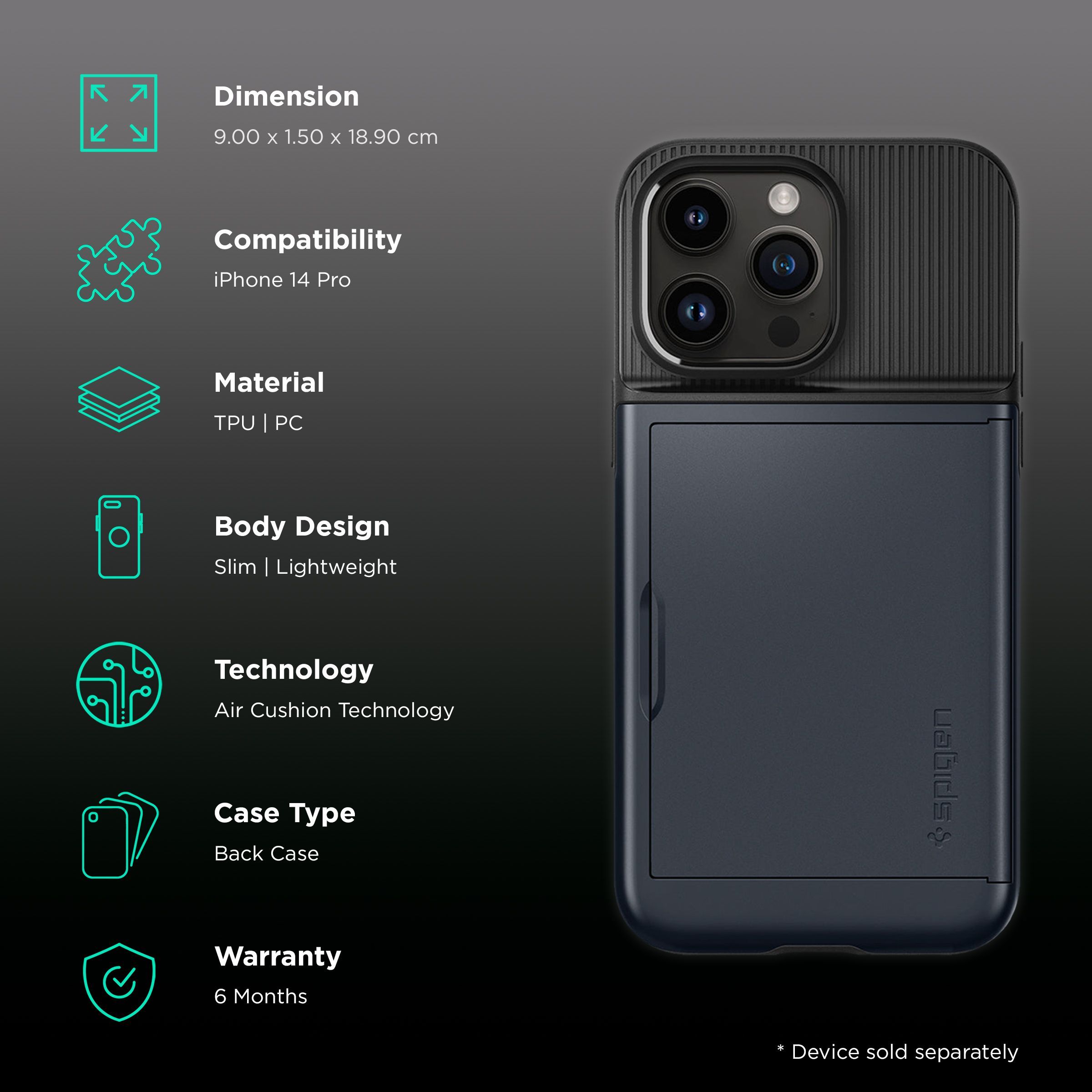 spigen Slim Armor CS TPU & Polycarbonate Back Case for Apple iPhone 14 Pro (Air Cushion Technology, Metal Slate) spigen Slim Armor CS TPU & Polycarbonate Back Case for Apple iPhone 14 Pro (Air Cushion Technology, Metal Slate)_2