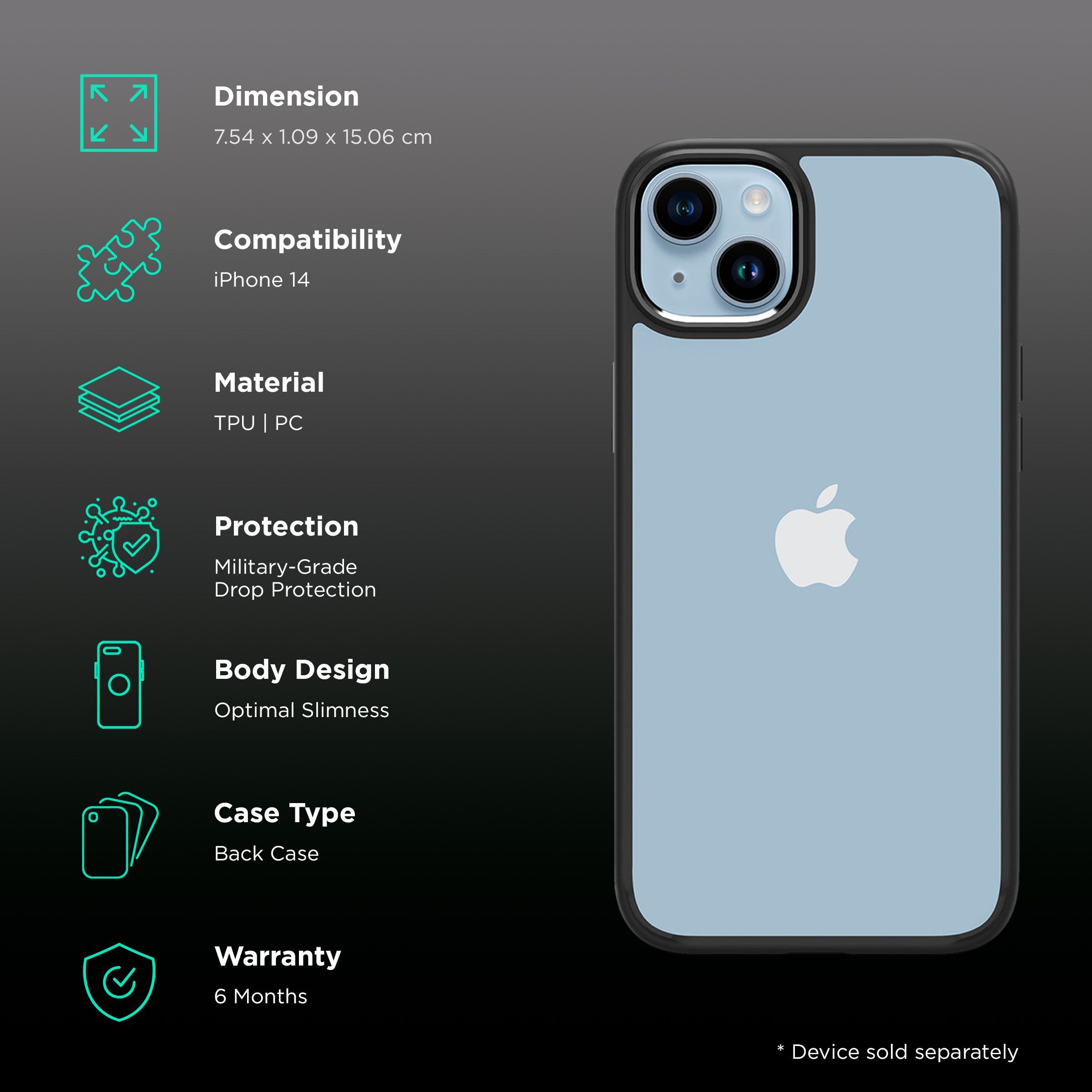 spigen Ultra Hybrid TPU & Polycarbonate Back Case for Apple iPhone 14 (Wireless Charging Compatible, Matte Black)_2