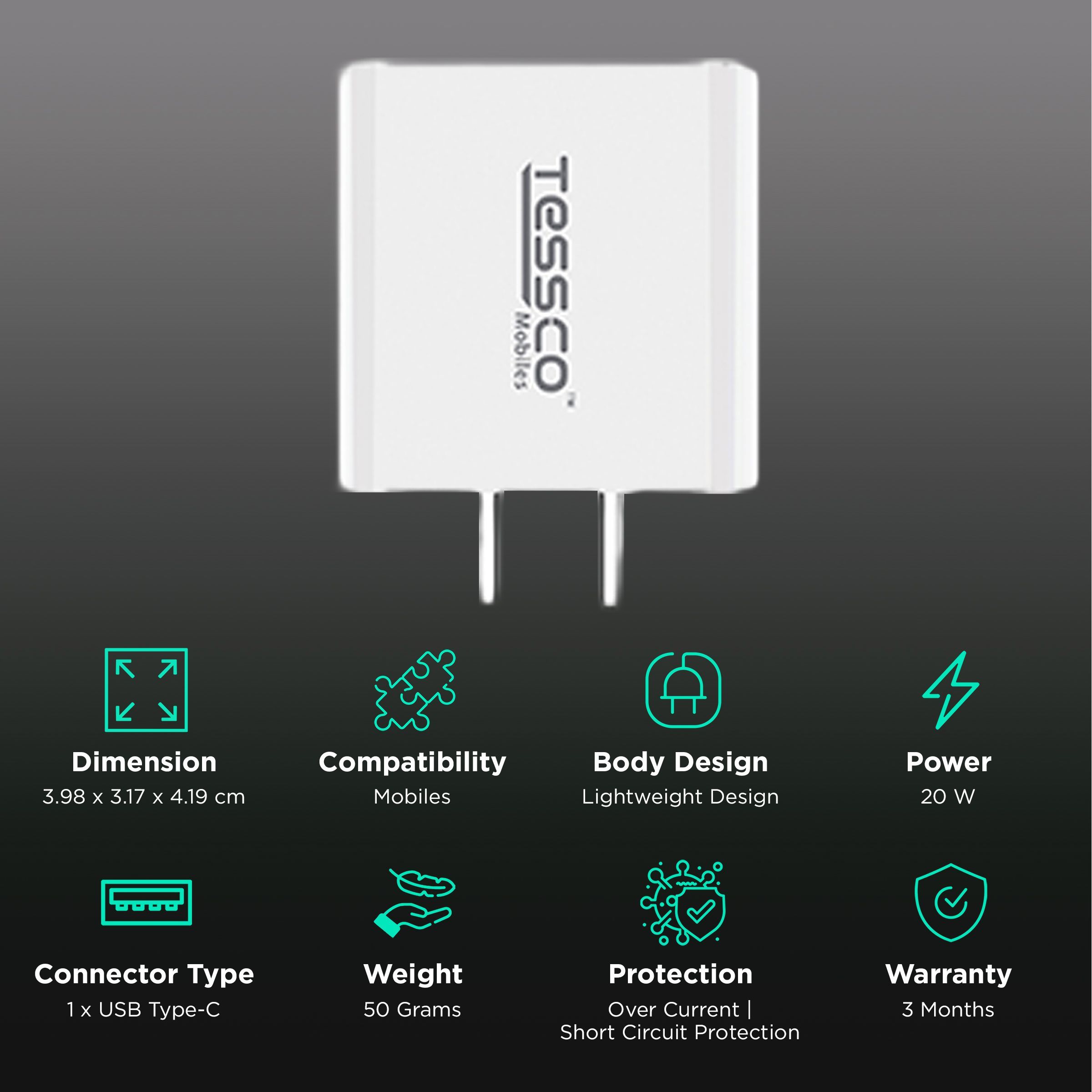 Tessco Mobiles TBC208 20W Type C Fast Charger (Adapter Only, Over Current Protection, White) Tessco Mobiles TBC208 20W Type C Fast Charger (Adapter Only, Over Current Protection, White)_2