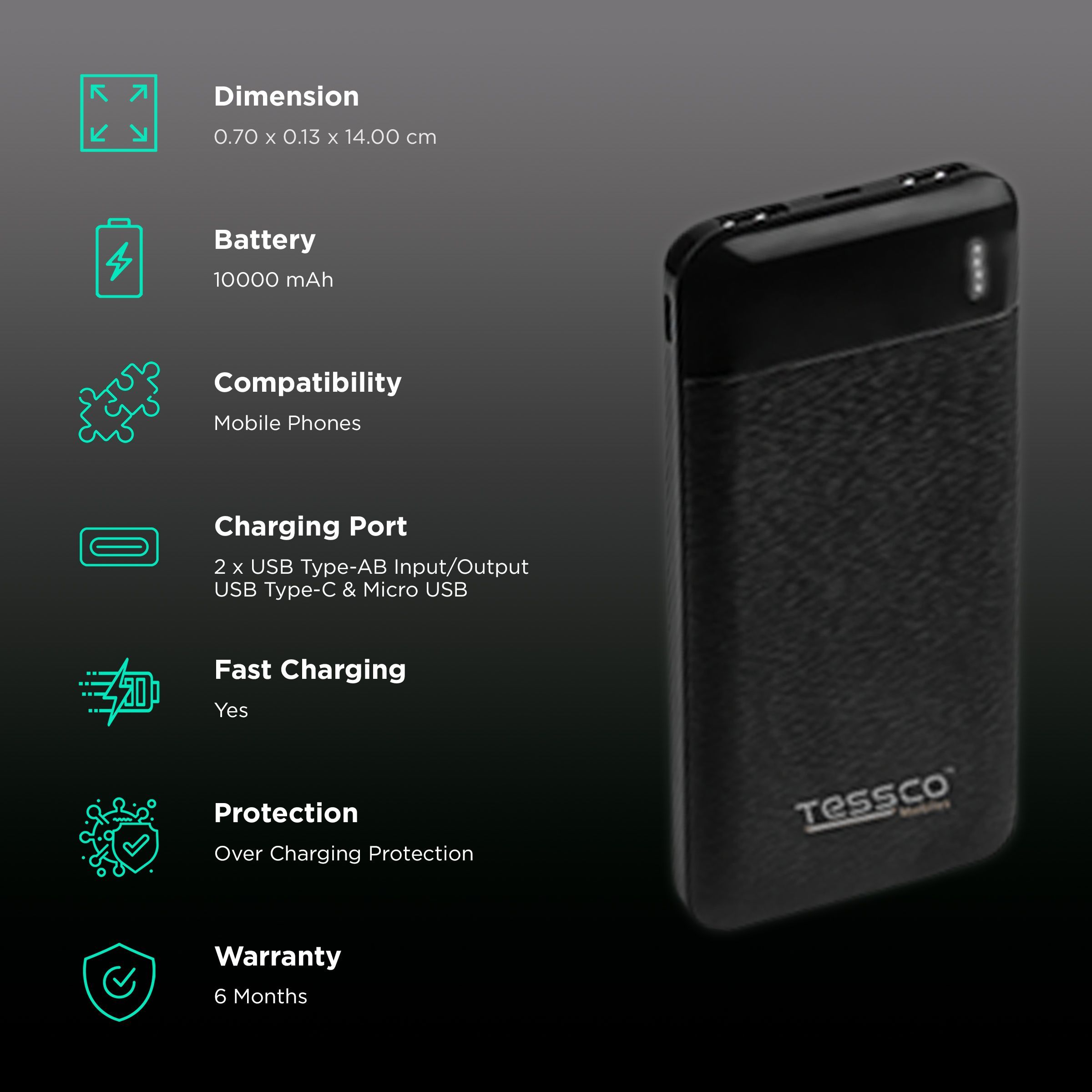 Tessco Mobiles HP-368 10000 mAh 37W Fast Charging Power Bank (2 Type A, 1 Type C & Micro B, Plastic Body Material, Lightweight Design, Black)_3