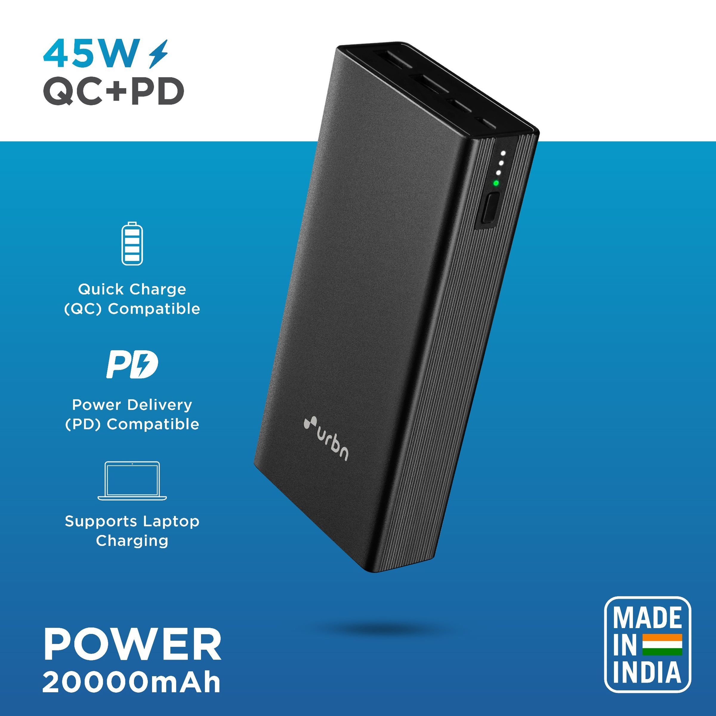 urbn 20000 mAh 45W Fast Charging Power Bank (2 Type A, 1 Type C & Micro B, Metal Body Premium Finish, LED Charge Indicator, Black)_6