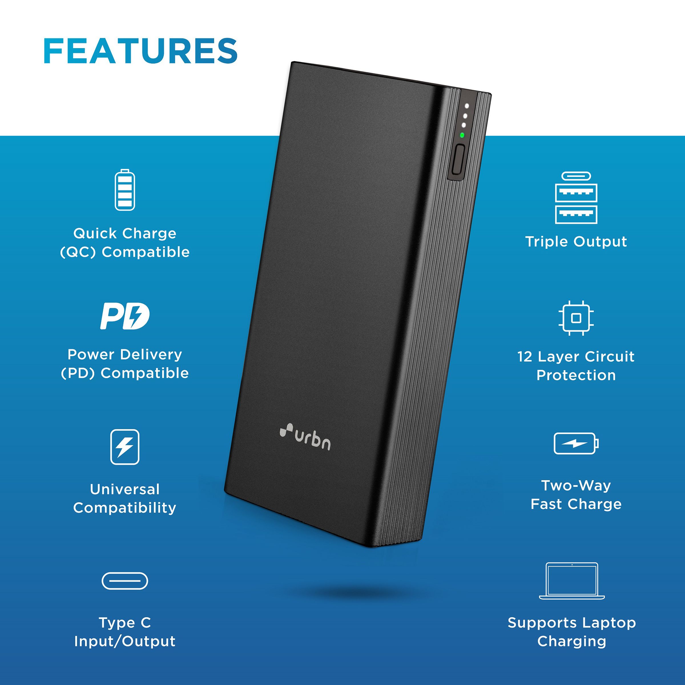 urbn 20000 mAh 45W Fast Charging Power Bank (2 Type A, 1 Type C & Micro B, Metal Body Premium Finish, LED Charge Indicator, Black)_7