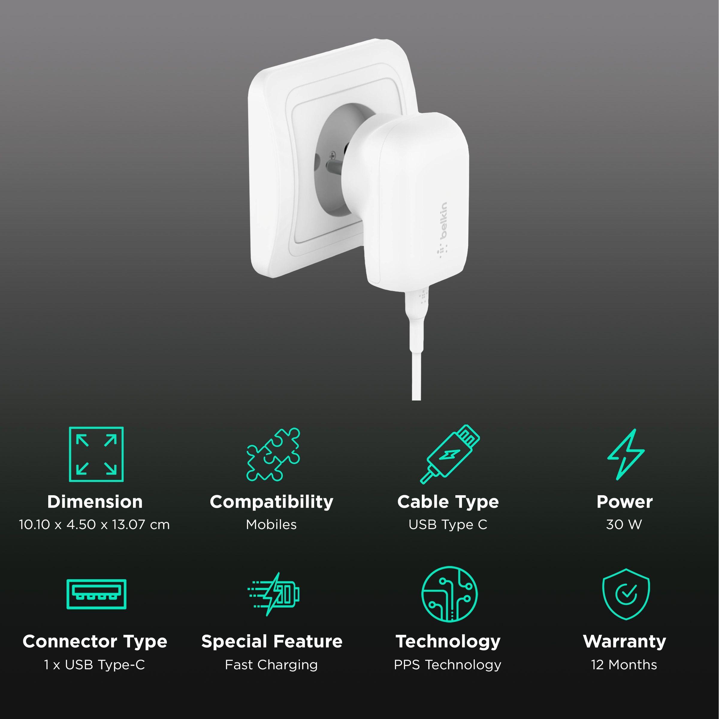 belkin BoostCharge 30W Type C Fast Charger (Adapter Only, Dynamic PPS Technology, White)_2
