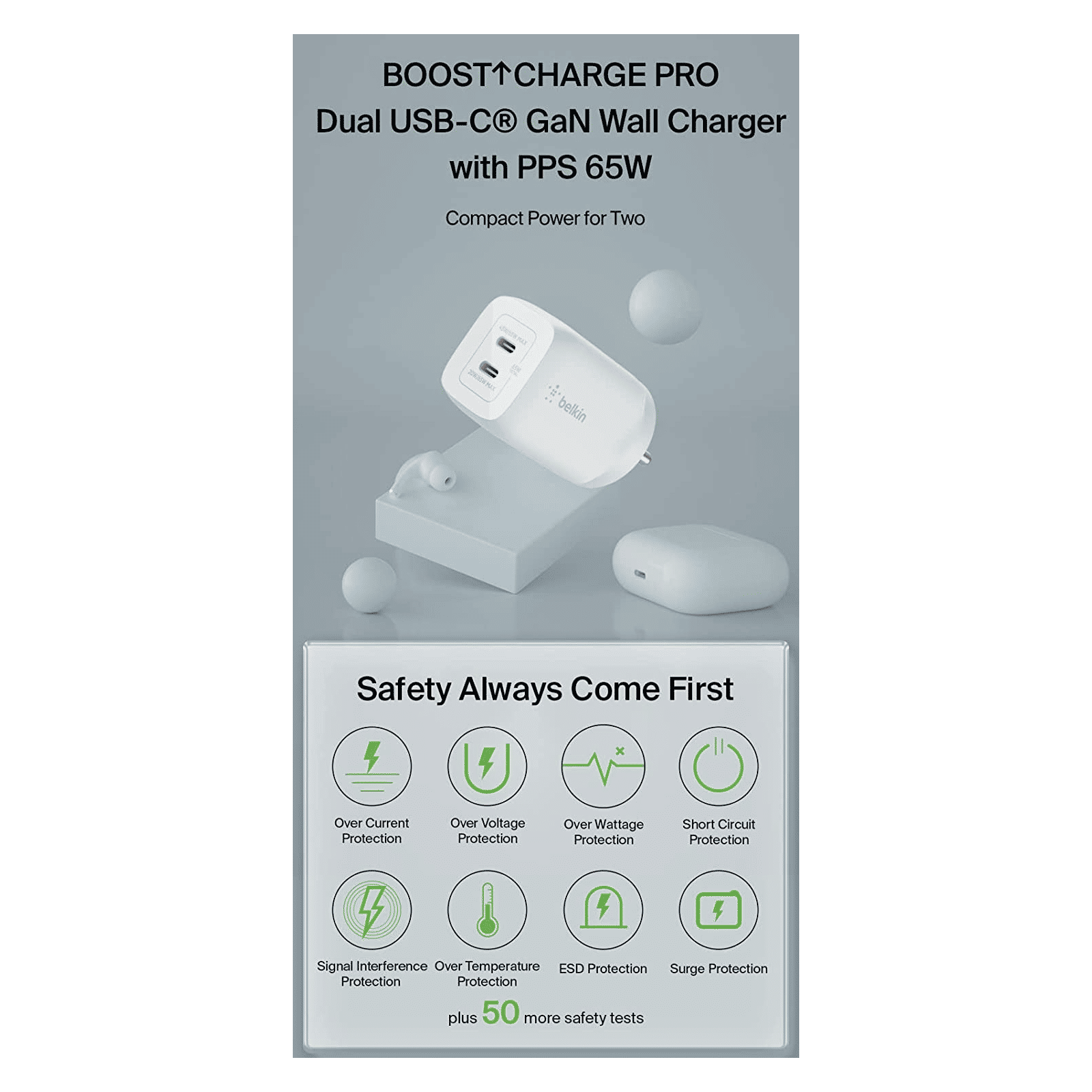 belkin BoostCharge Pro 65W Type C 2-Port Fast Charger (Adapter Only, Dynamic PPS Technology, White)_10