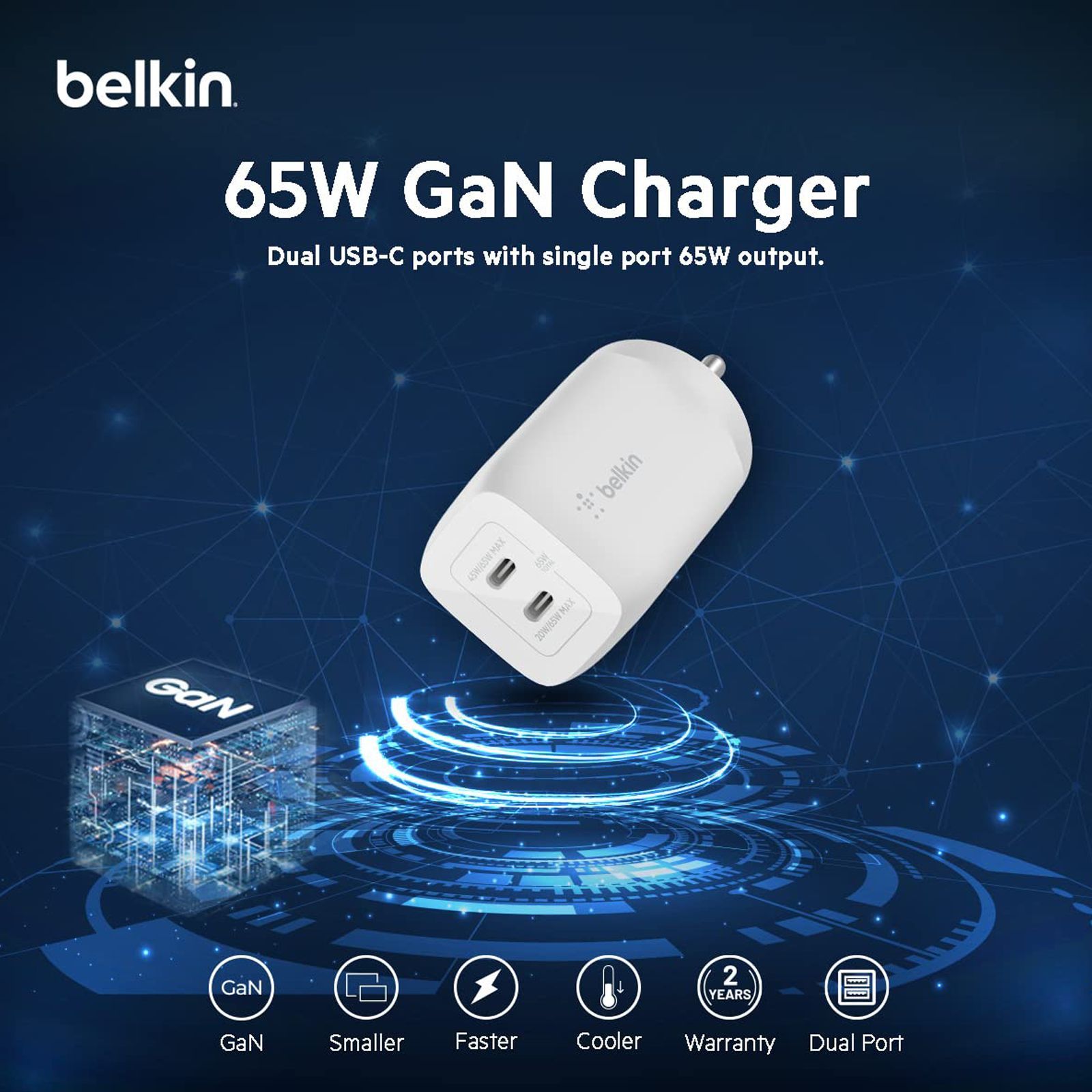 belkin BoostCharge Pro 65W Type C 2-Port Fast Charger (Adapter Only, Dynamic PPS Technology, White)_15