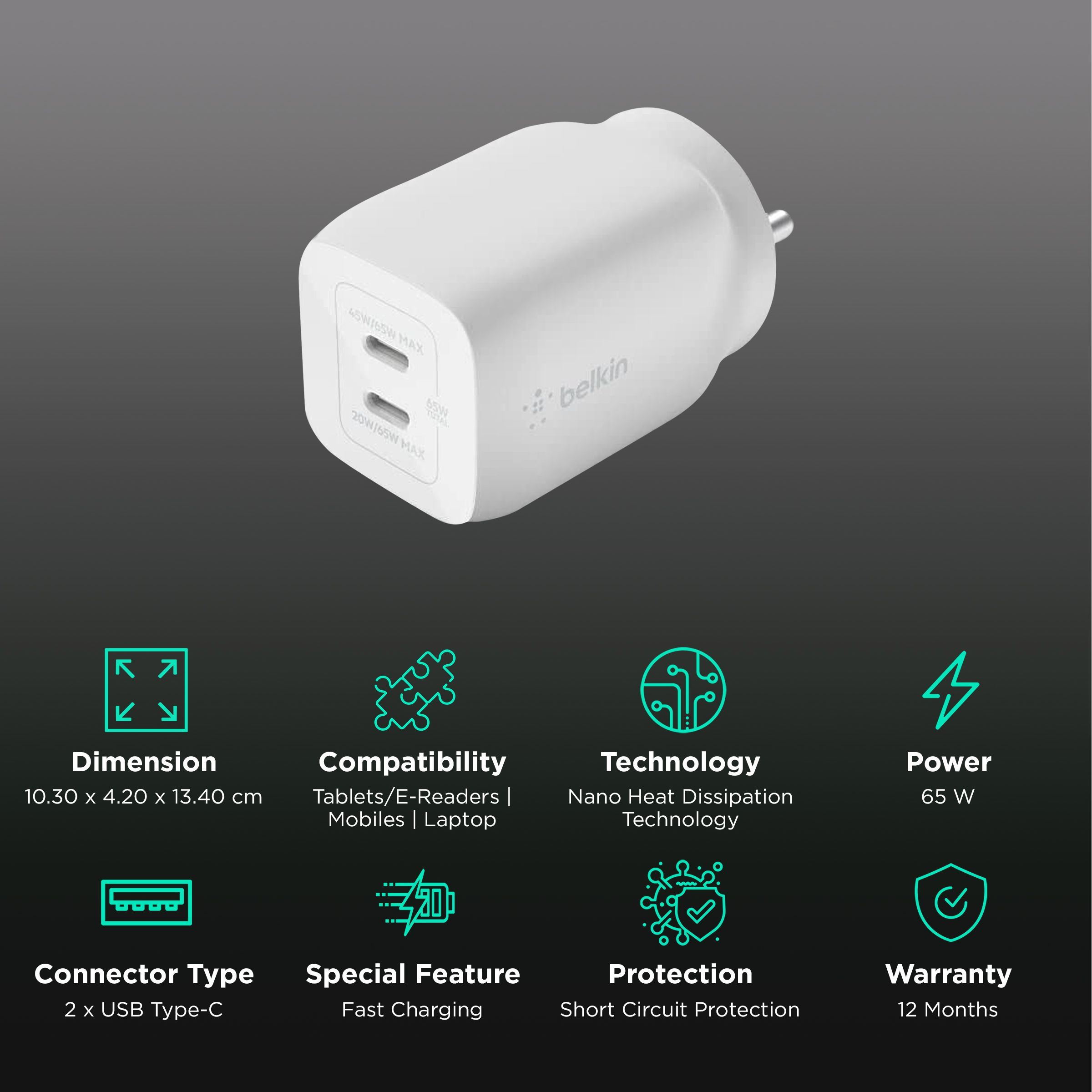 belkin BoostCharge Pro 65W Type C 2-Port Fast Charger (Adapter Only, Dynamic PPS Technology, White)_2