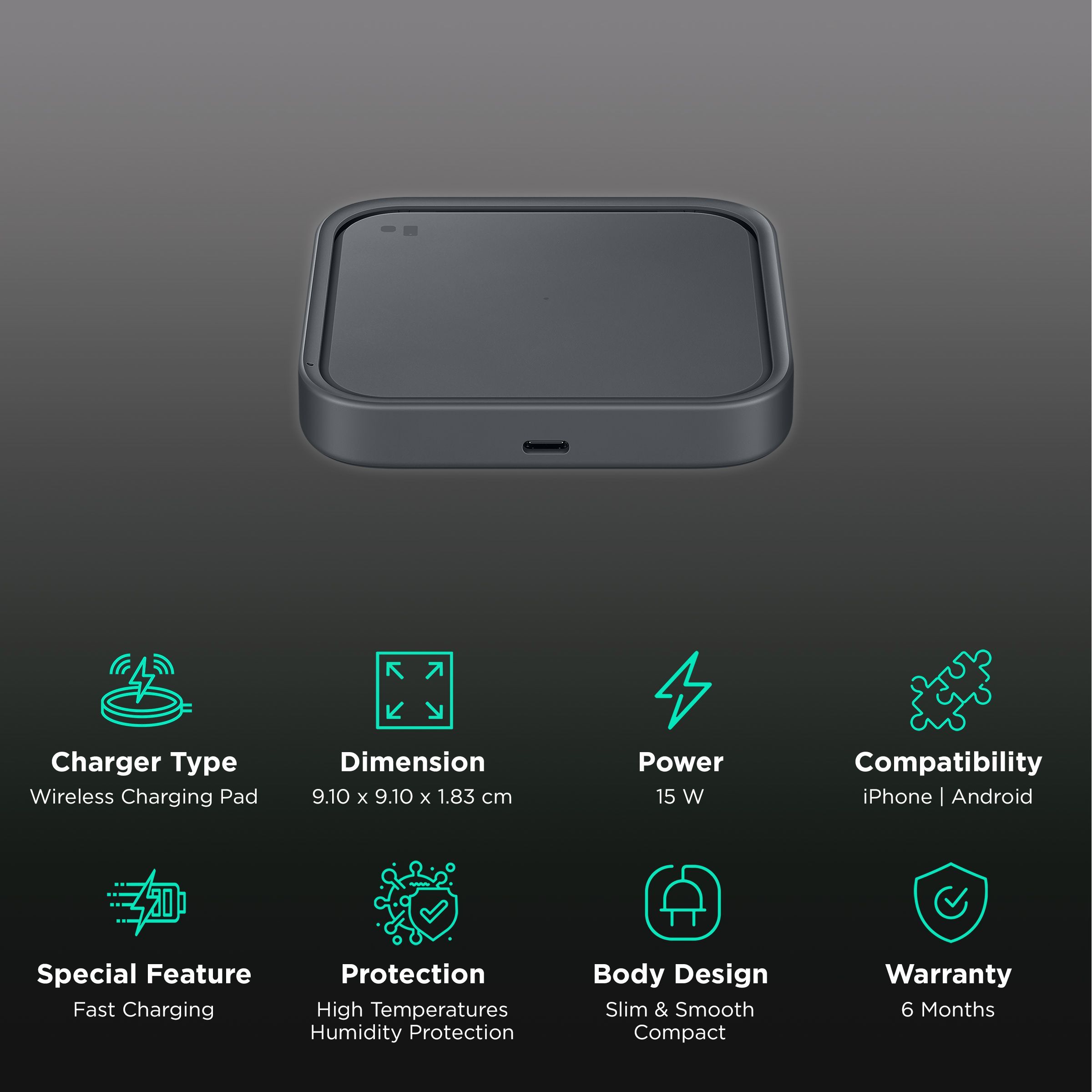 SAMSUNG 15W Wireless Charger for SAMSUNG S22, S22+, S22 Ultra/iPhone 11 Pro Max, 11 Pro, 11, X, XS, XS Max, XR, 8, 8 Plus (Foreign Object Detection, Dark Grey)_2