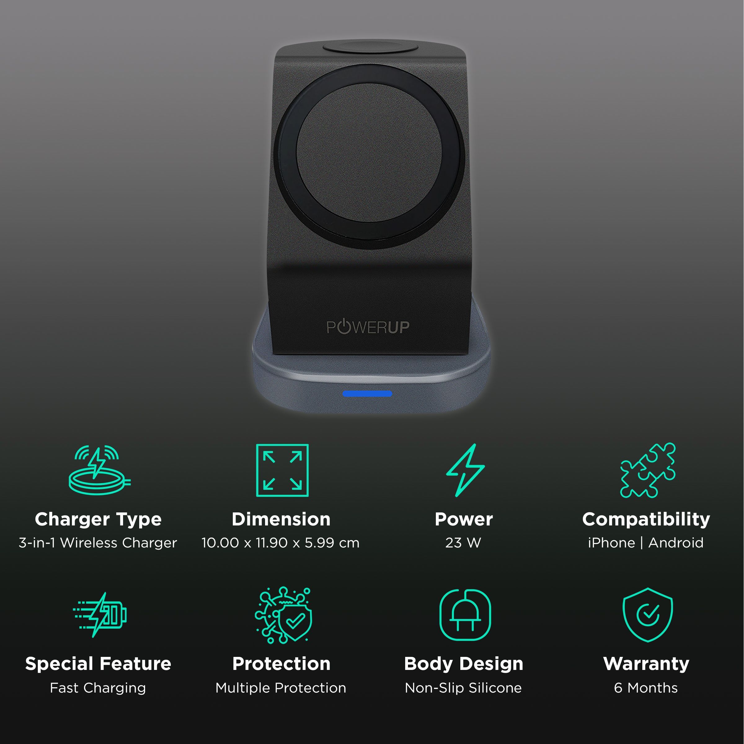 POWERUP 23W 3-in-1 Wireless Charger for iWatch Series 7, 6, 5, 4, 3, 2, 1, AirPods & iPhone (Multi-Layer Protection, Black)_2