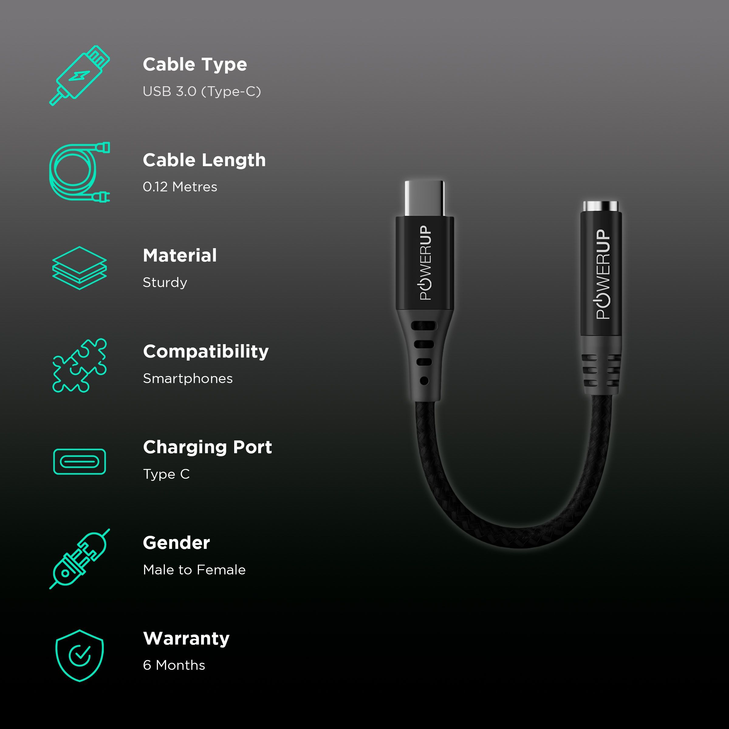 POWERUP Type C to 3.5mm Stereo 0.40 Feet (0.12 M) Cable (Powerful Noise Reduction, Black)_2