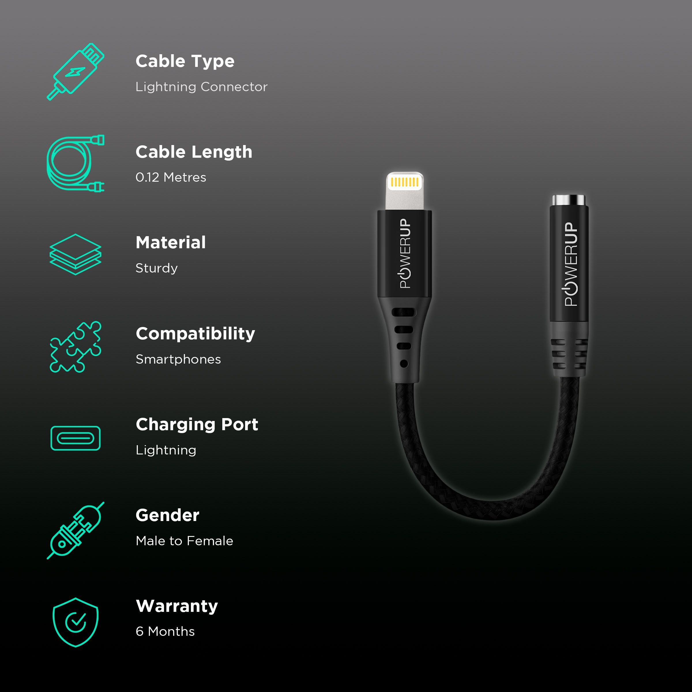 POWERUP Lightning Connector to 3.5mm Stereo 0.40 Feet (0.12 M) Cable (Inbuilt DAC Chip, Black)_2