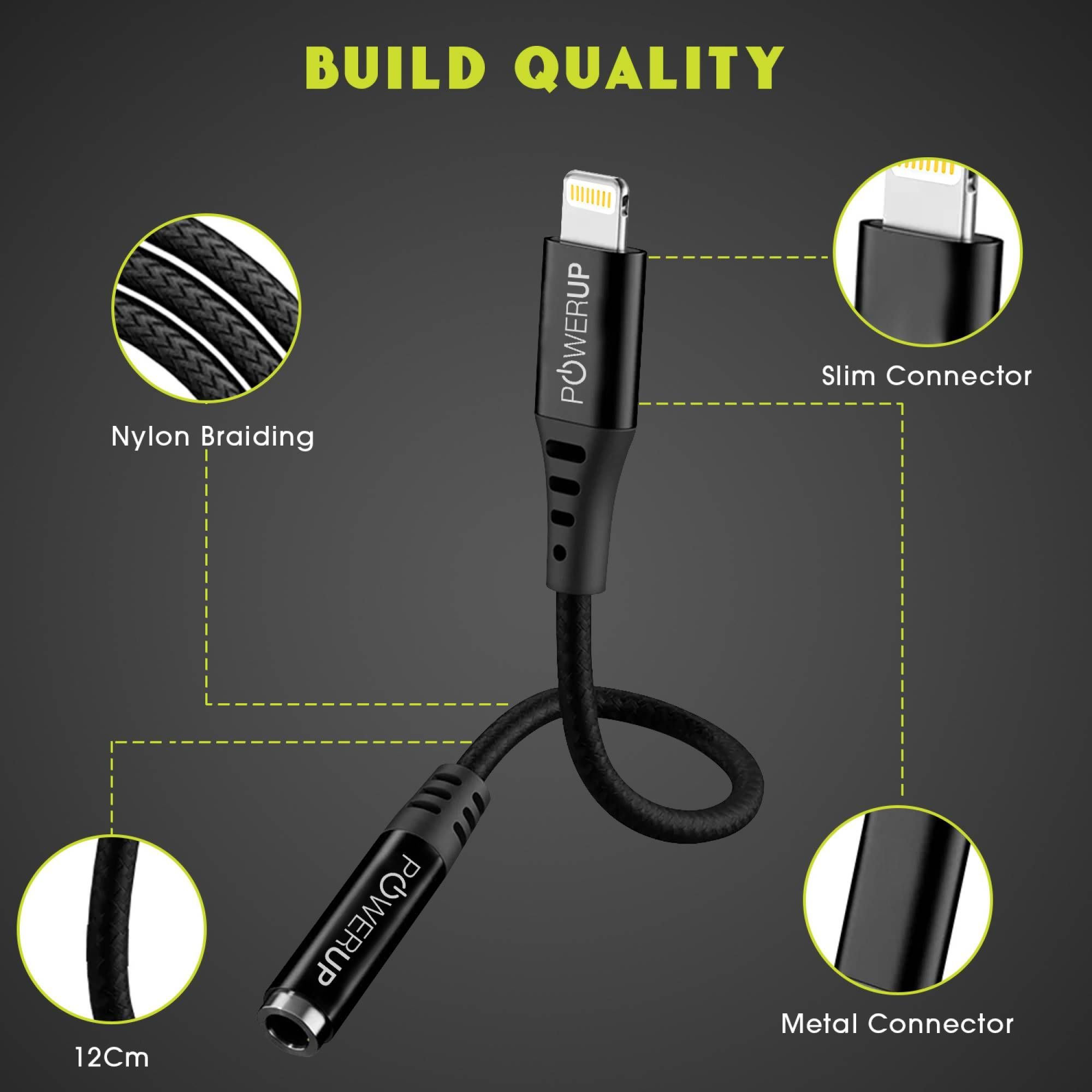 POWERUP Lightning Connector to 3.5mm Stereo 0.40 Feet (0.12 M) Cable (Inbuilt DAC Chip, Black)_6