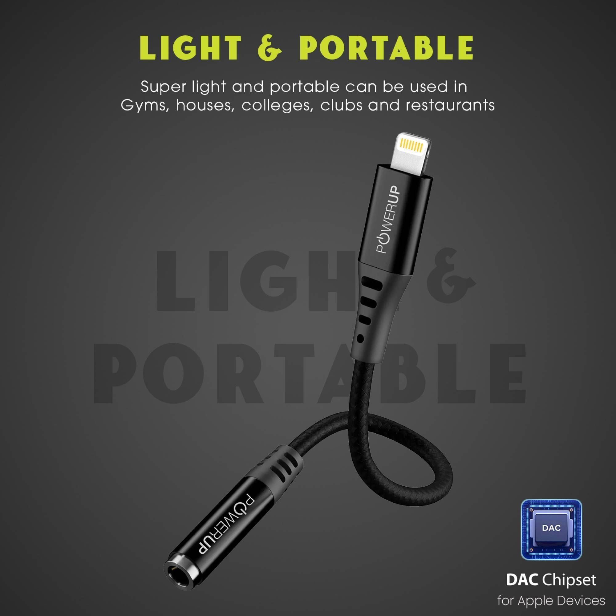 POWERUP Lightning Connector to 3.5mm Stereo 0.40 Feet (0.12 M) Cable (Inbuilt DAC Chip, Black)_7