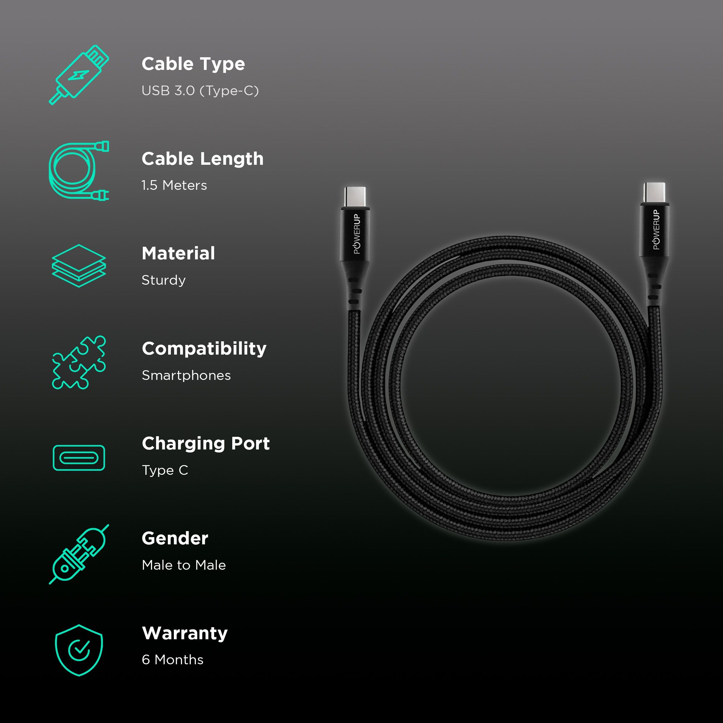 POWERUP Type C to Type C 4.95 Feet (1.5 M) Cable (Tangle-free Design, Black)_2