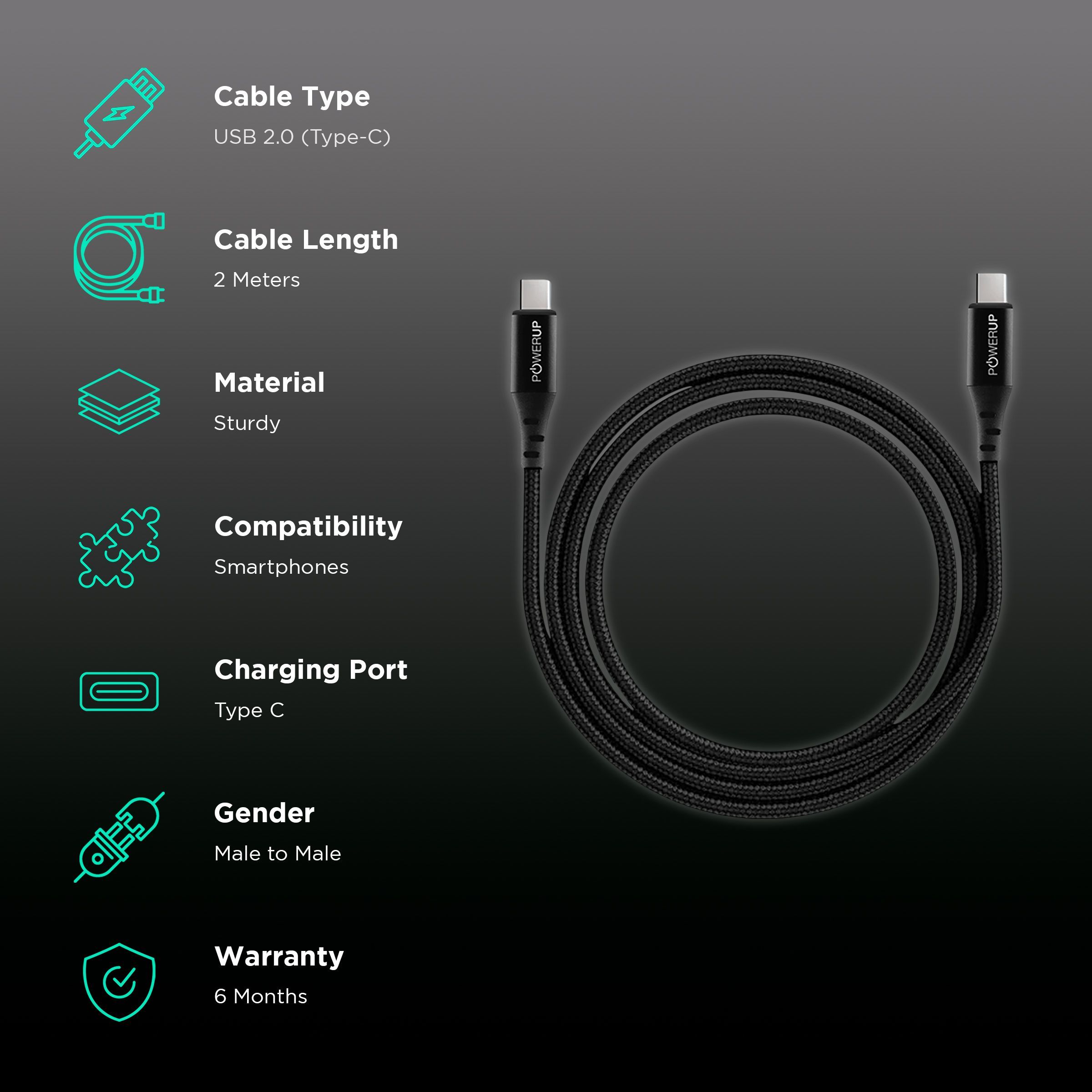 POWERUP Type C to Type C 6.6 Feet (2 M) Cable (Super Fast Power Delivery, Black)_2