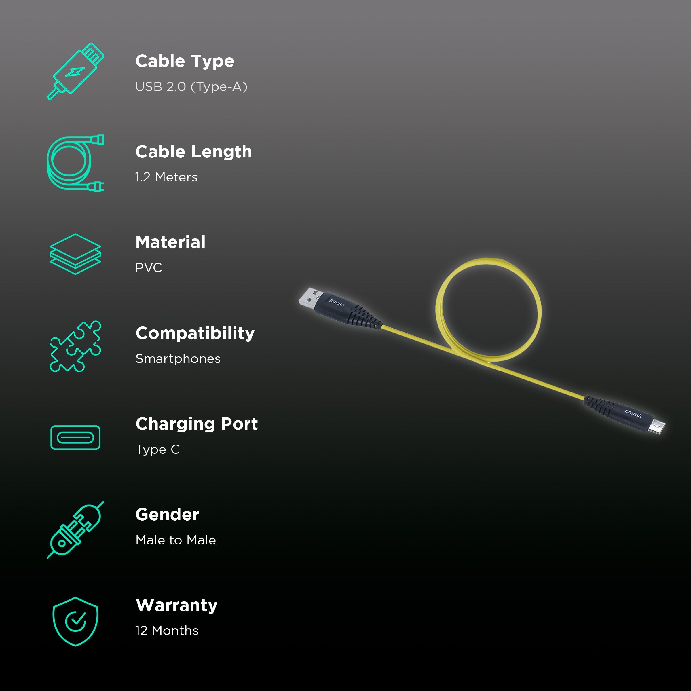 Croma Sunburn Edition USB 2.0 Type A to USB 2.0 Type C Charging Cable (Shock Protective, Yellow) Croma Sunburn Edition USB 2.0 Type A to USB 2.0 Type C Charging Cable (Shock Protective, Yellow)_2