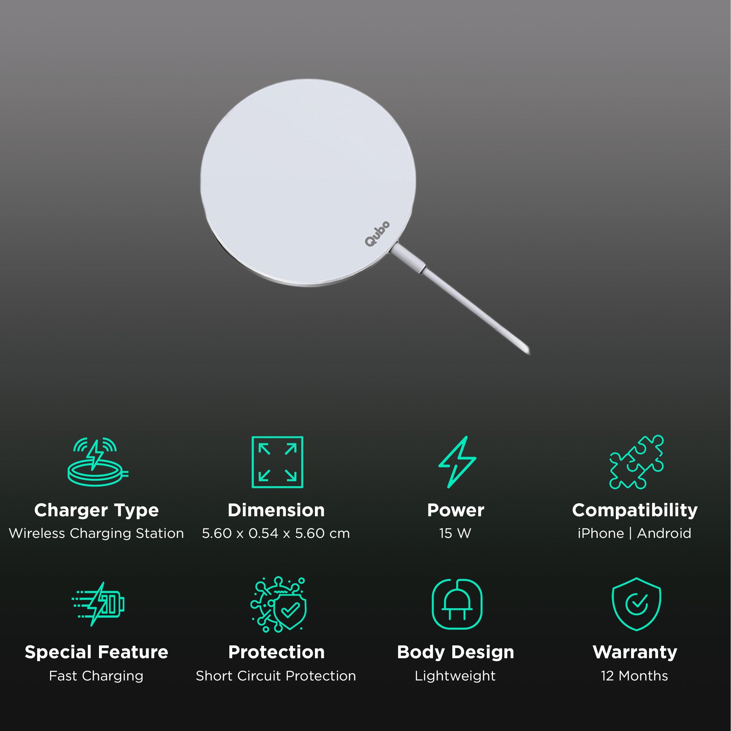 Qubo MagZap Z1 15W Wireless Charger for iPhone 12 & Above, 11, X (Short Circuit Control, White)_2