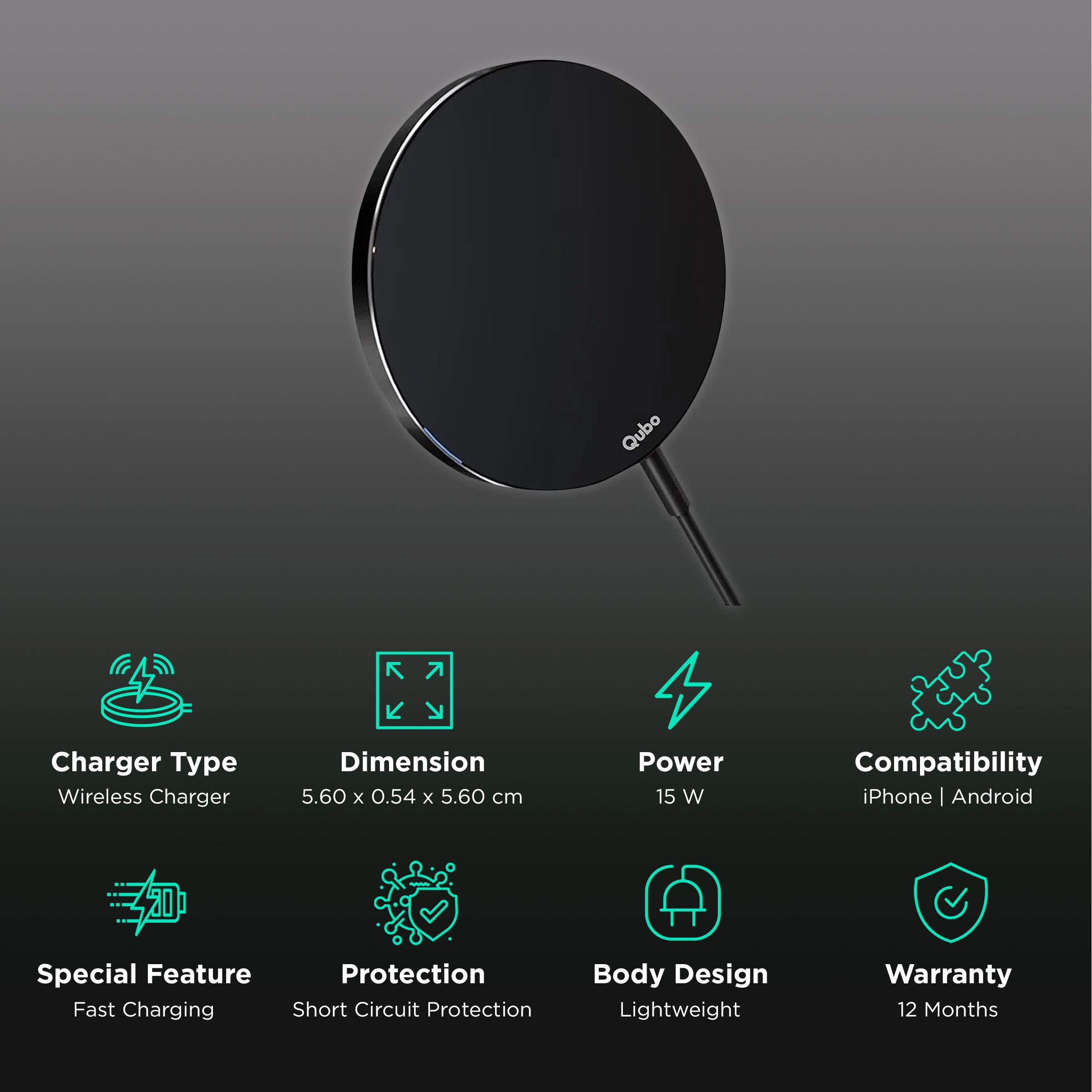 Qubo MagZap Z1 15W Wireless Charger for iPhone 12 & Above, 11, X (Short Circuit Control, Black)_2