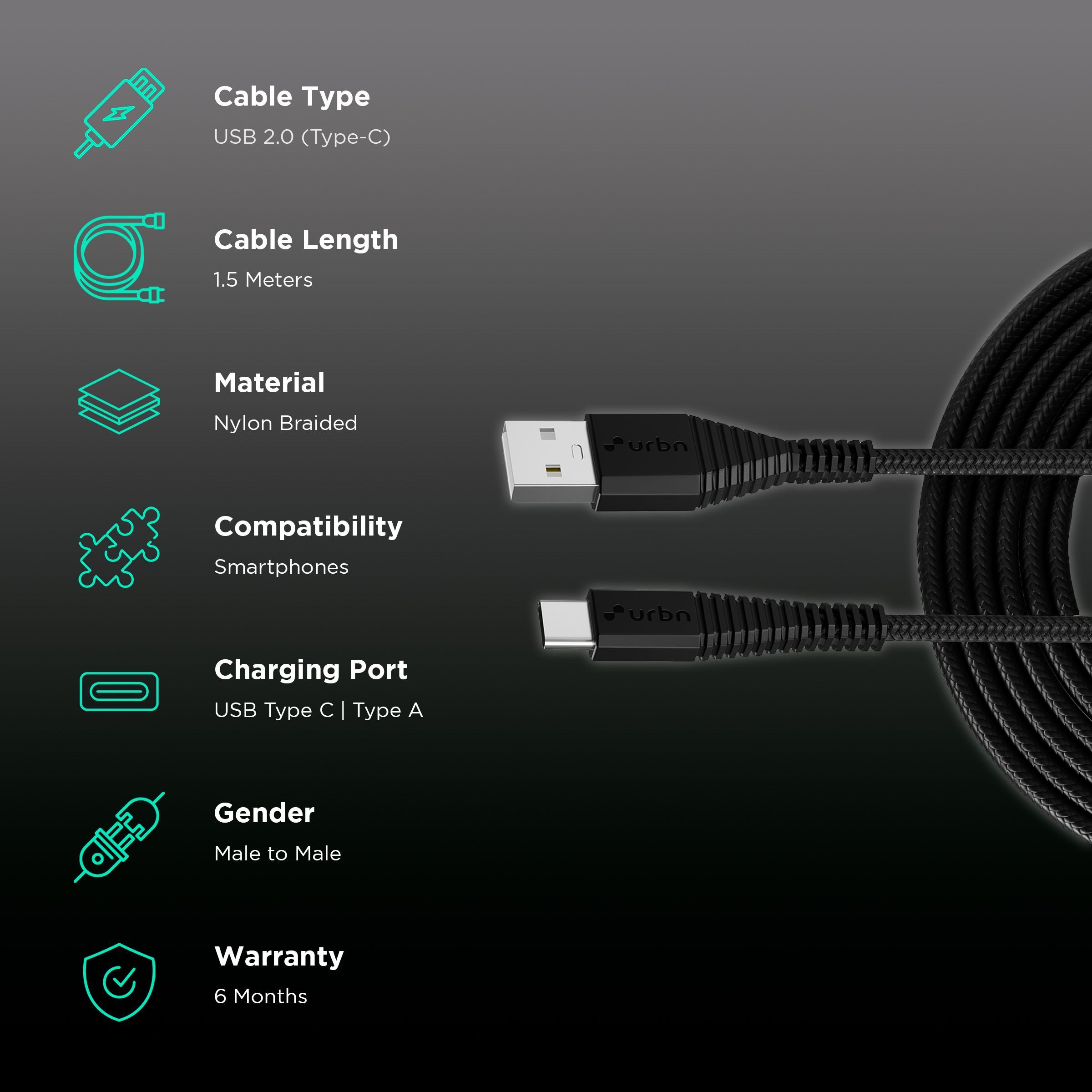 urbn Type C to Type B 4.95 Feet (1.5 M) Cable (Tangle-free Design, Black)_2