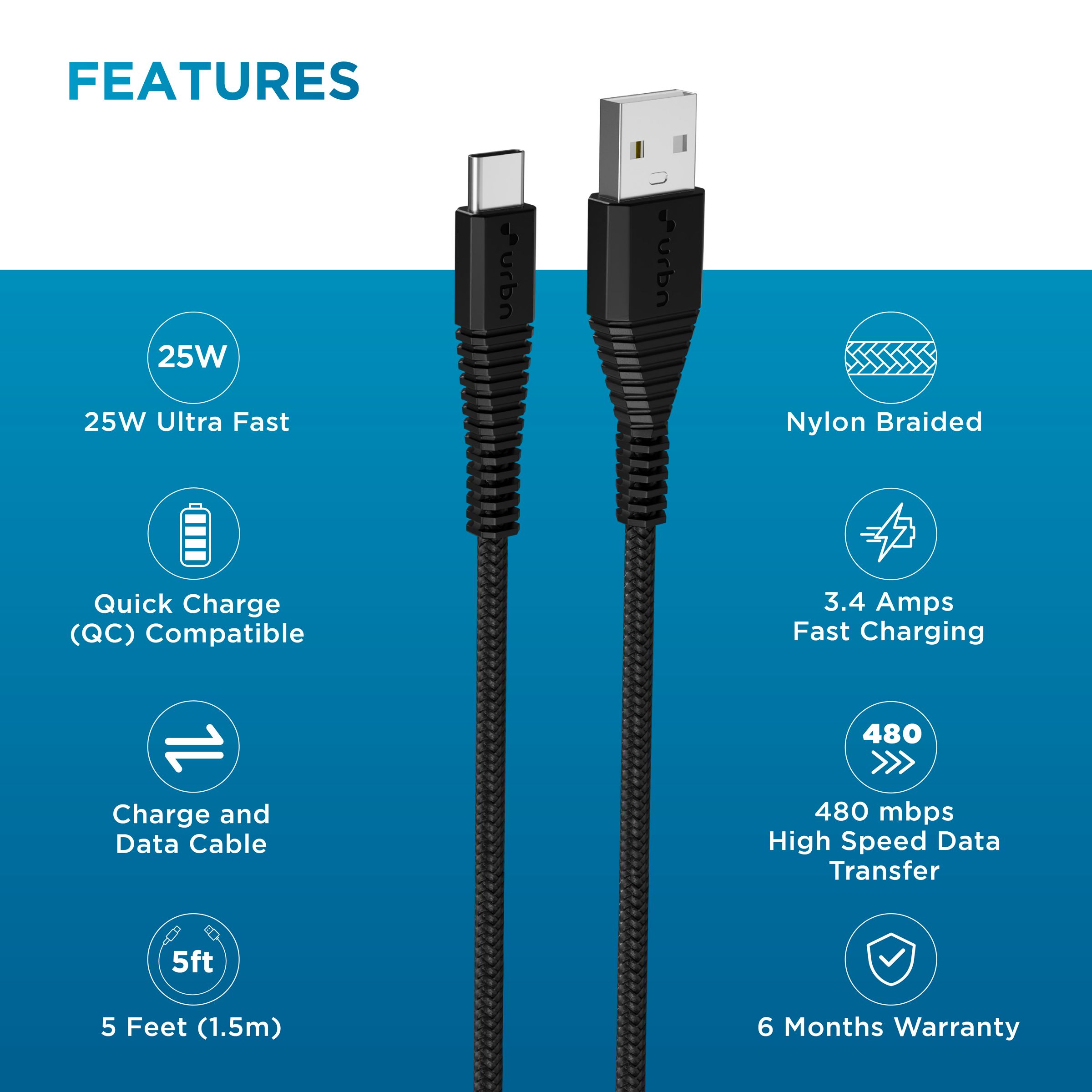 urbn Type C to Type B 4.95 Feet (1.5 M) Cable (Tangle-free Design, Black)_3