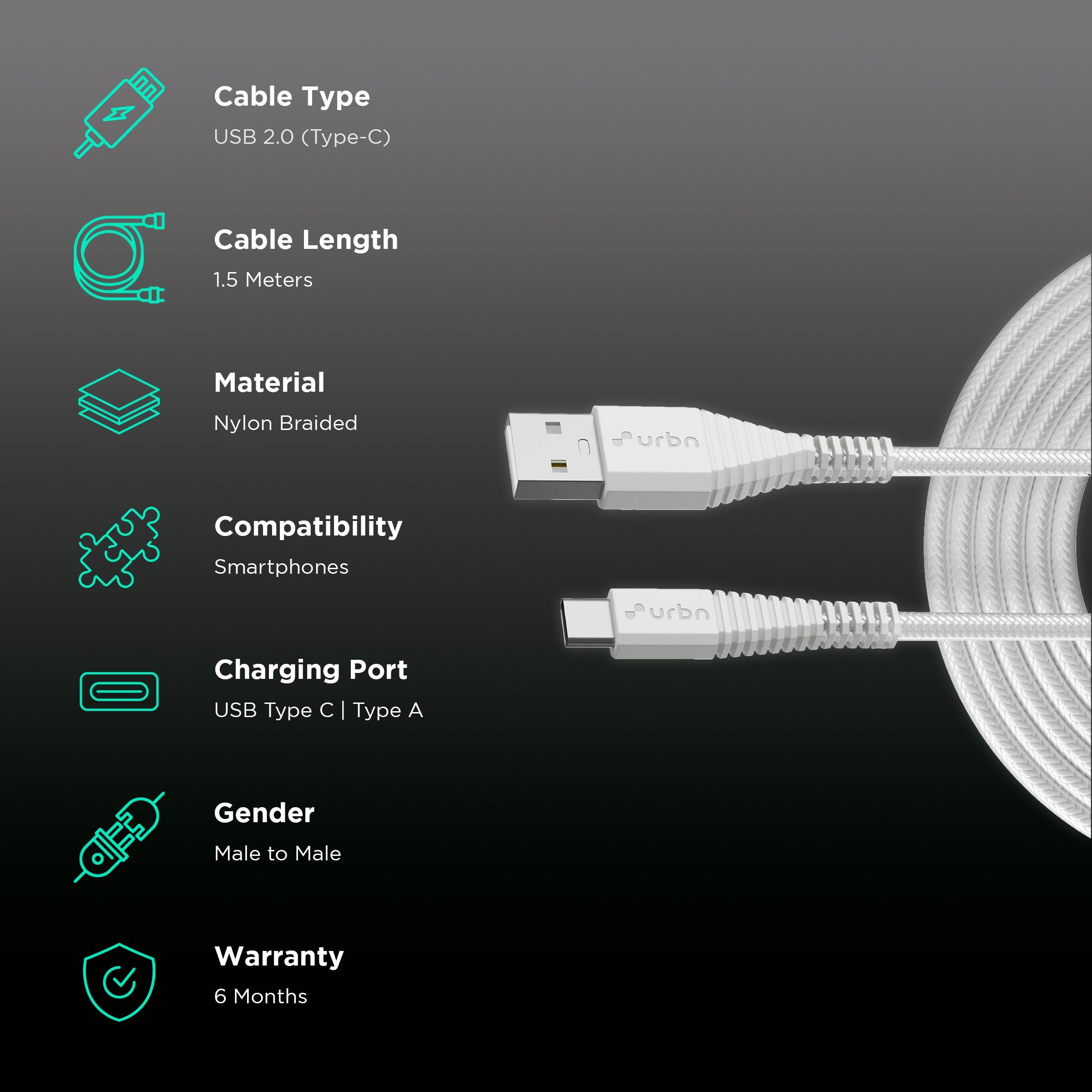 urbn Type C to Type B 4.95 Feet (1.5 M) Cable (Tangle-free Design, White)_2