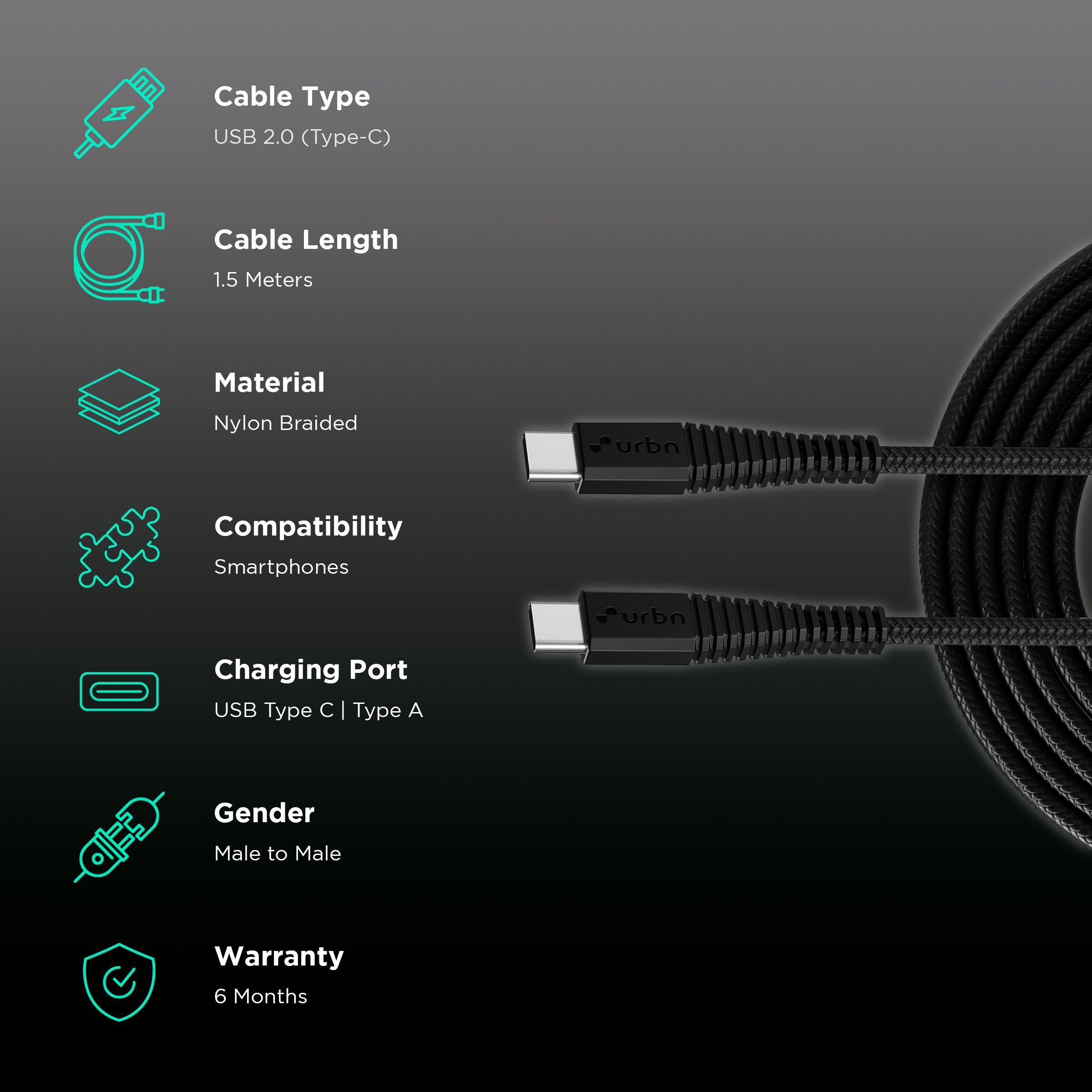 urbn Type C to Type C 4.95 Feet (1.5 M) Cable (Tangle-free Design, Black)_2