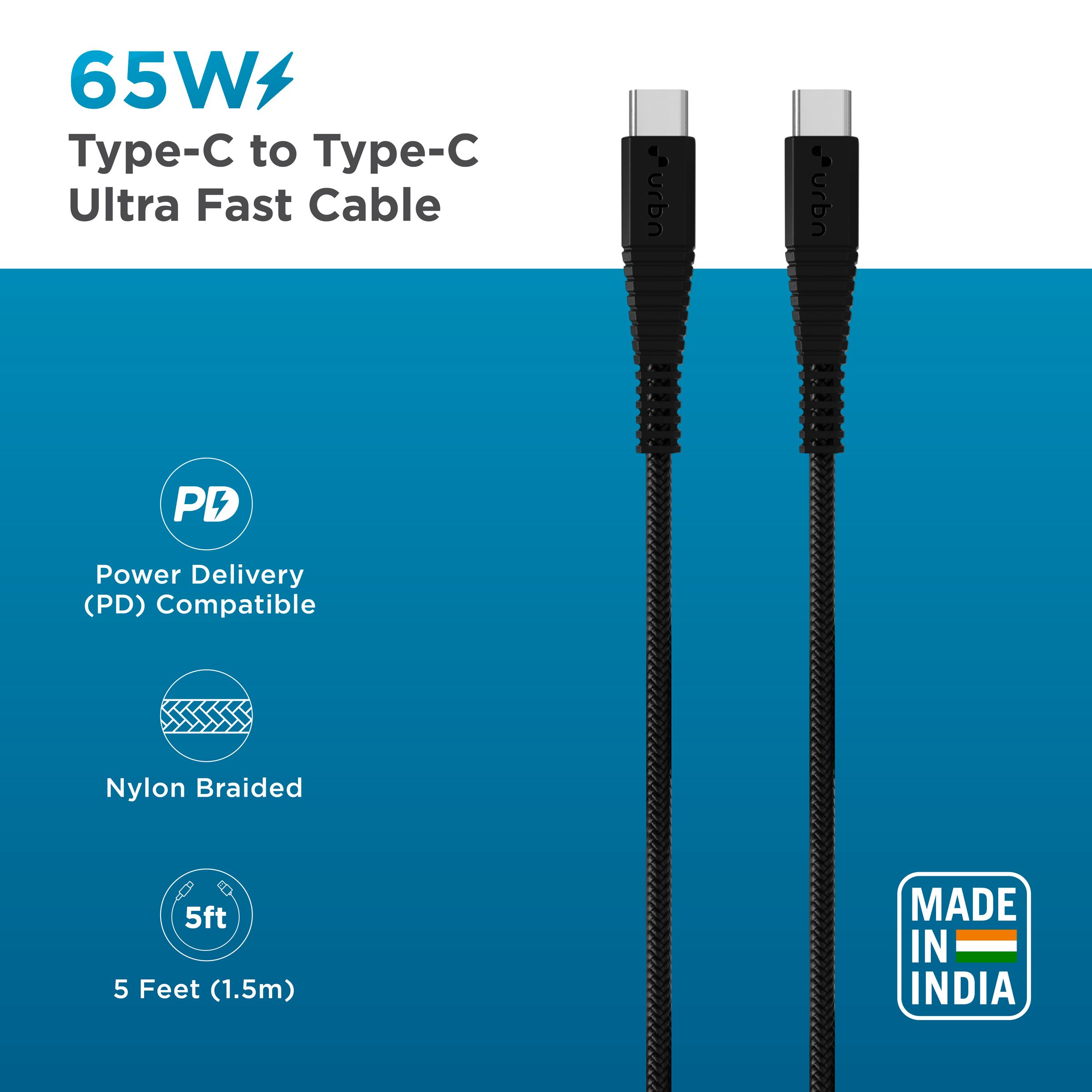 urbn Type C to Type C 4.95 Feet (1.5 M) Cable (Tangle-free Design, Black)_4