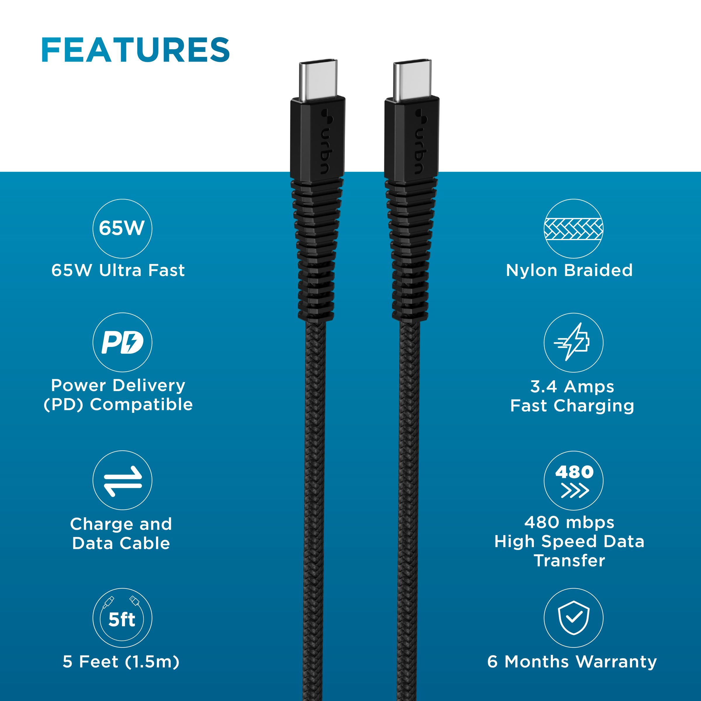 urbn Type C to Type C 4.95 Feet (1.5 M) Cable (Tangle-free Design, Black)_5