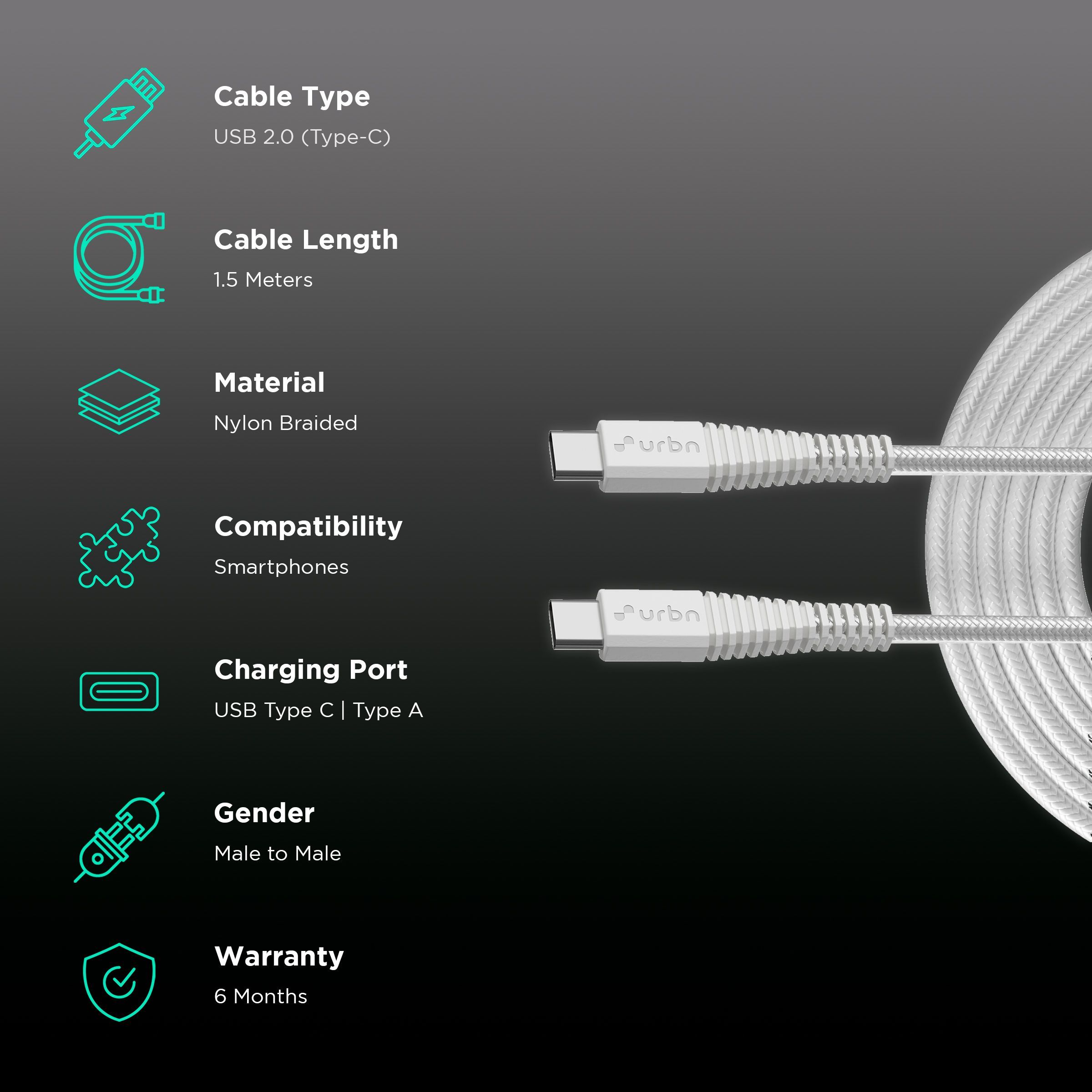 urbn Type C to Type C 4.95 Feet (1.5 M) Cable (Tangle-free Design, White)_2