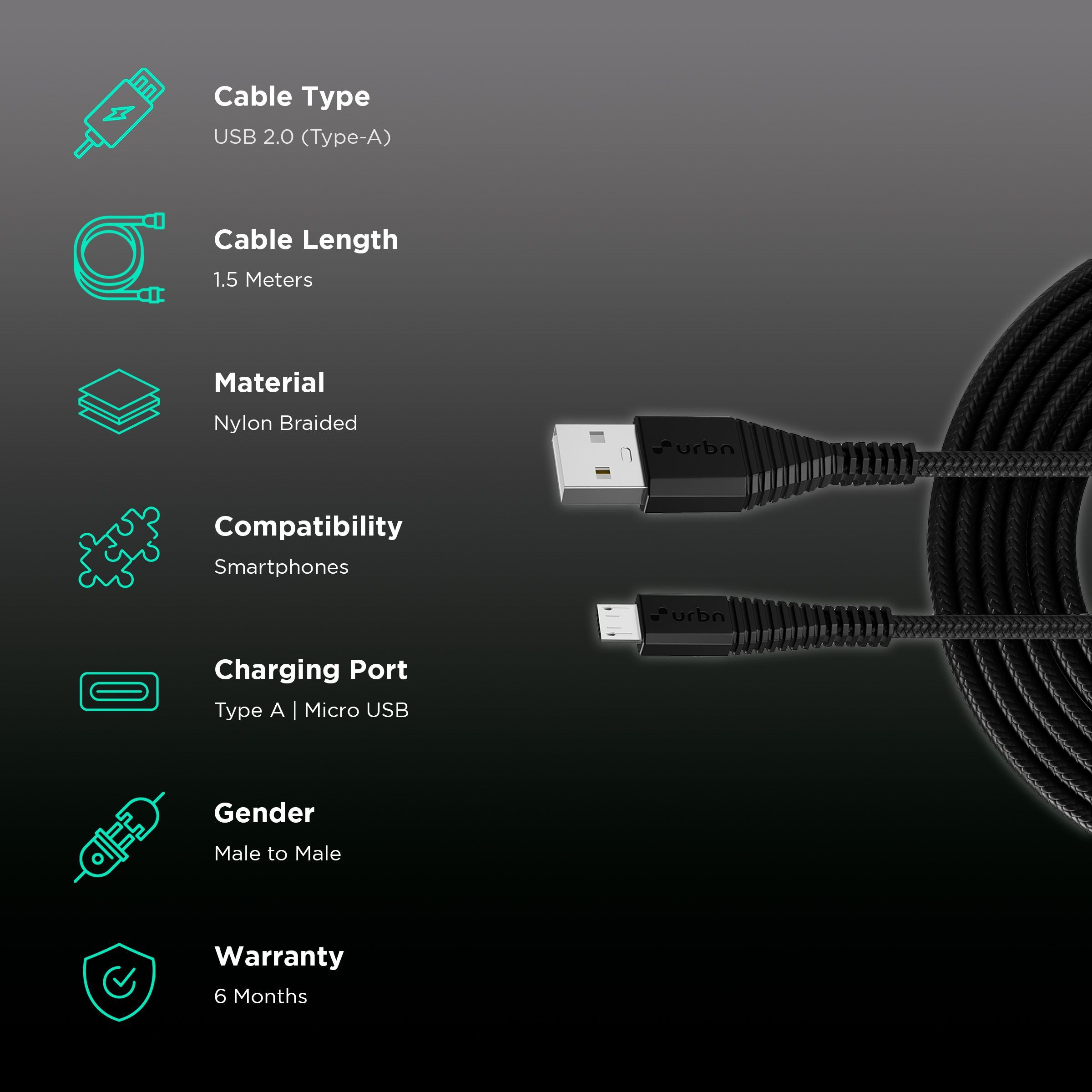 urbn Type A to Micro USB Type B 4.95 Feet (1.5 M) Cable (Tangle-free Design, Black)_2