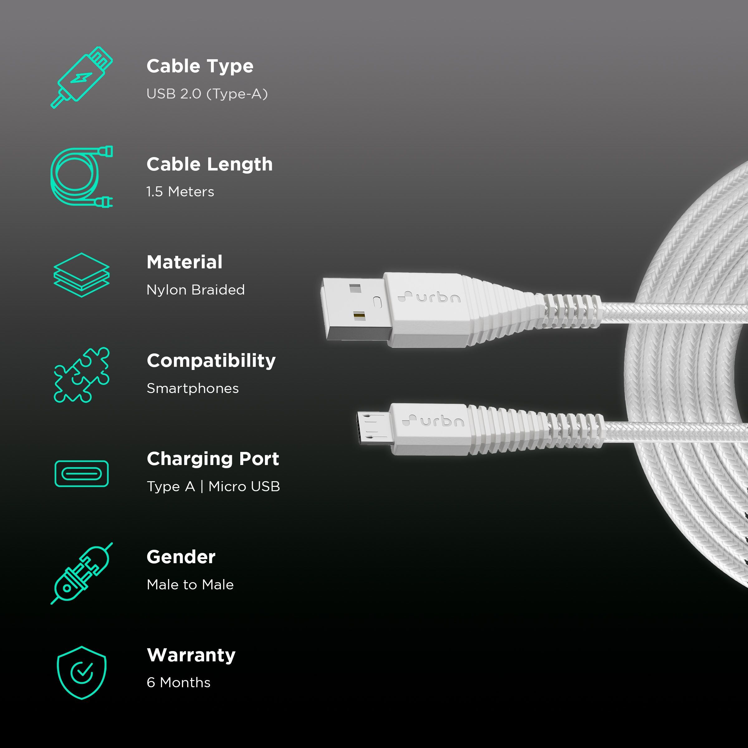 urbn Type A to Micro USB Type B 4.95 Feet (1.5 M) Cable (Tangle-free Design, White)_2