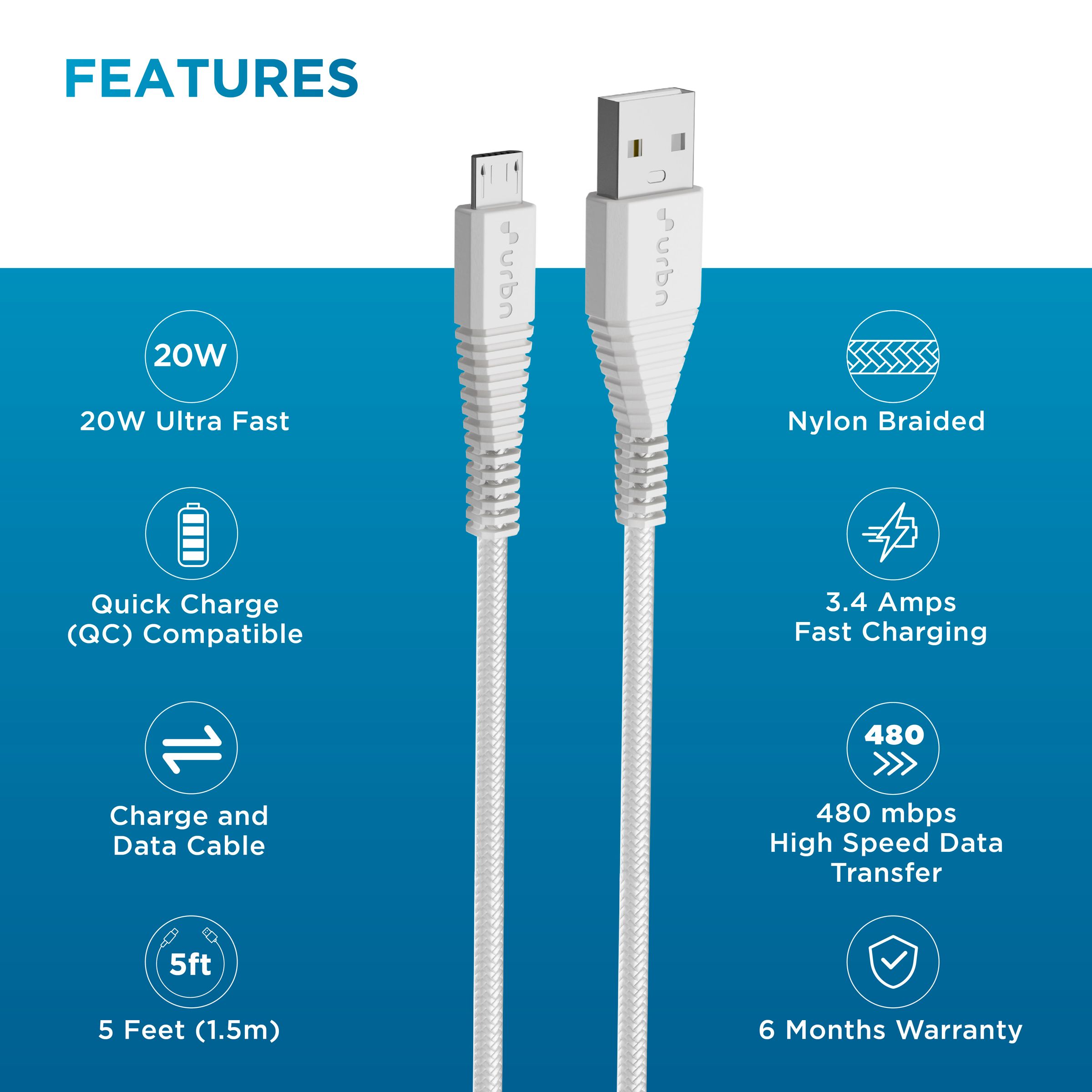 urbn Type A to Micro USB Type B 4.95 Feet (1.5 M) Cable (Tangle-free Design, White)_5