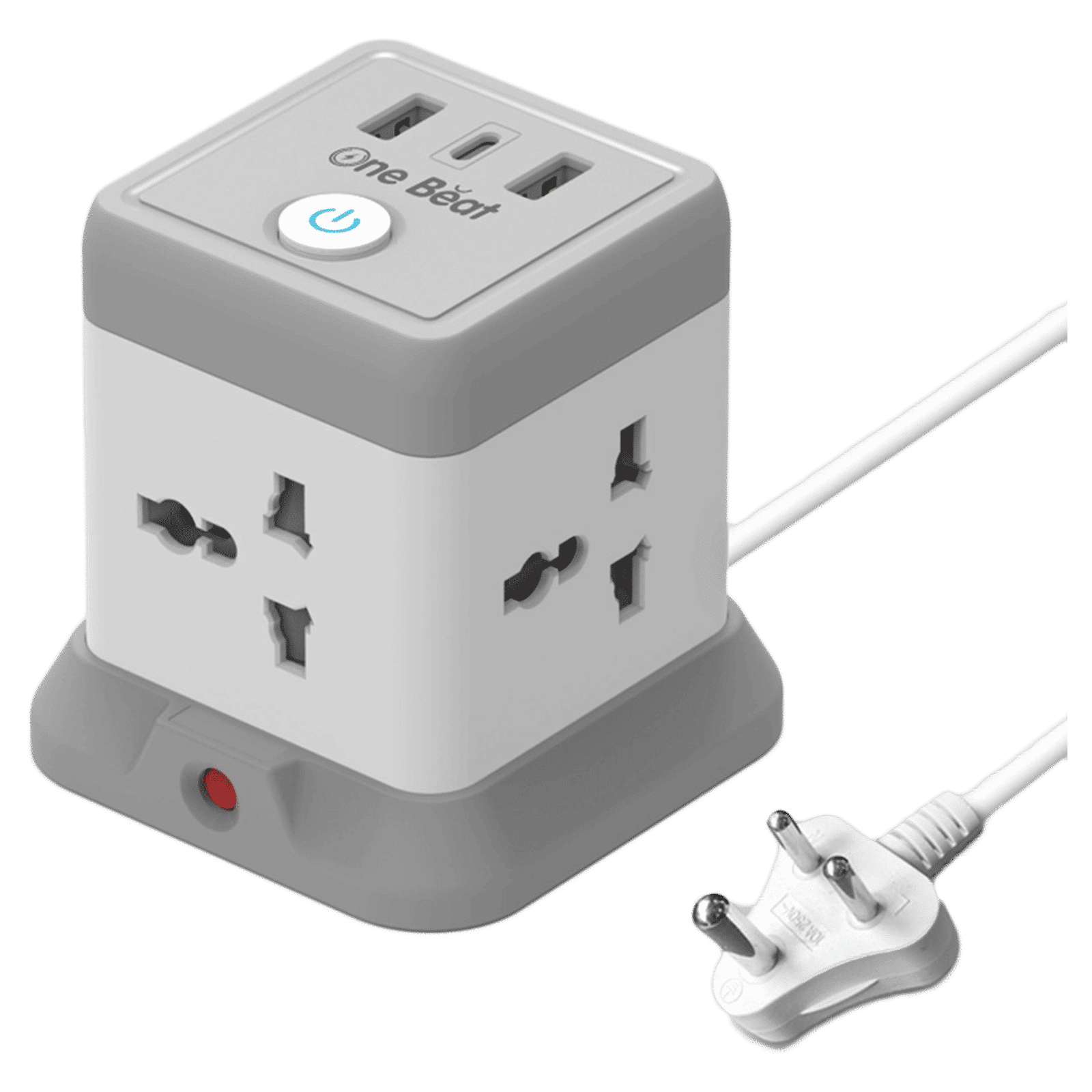 One Beat Cube 2.4 Amps 4 Sockets Extention Board (2 Meters, Auto Shut Off, OB-20432-U, White and Grey)_1