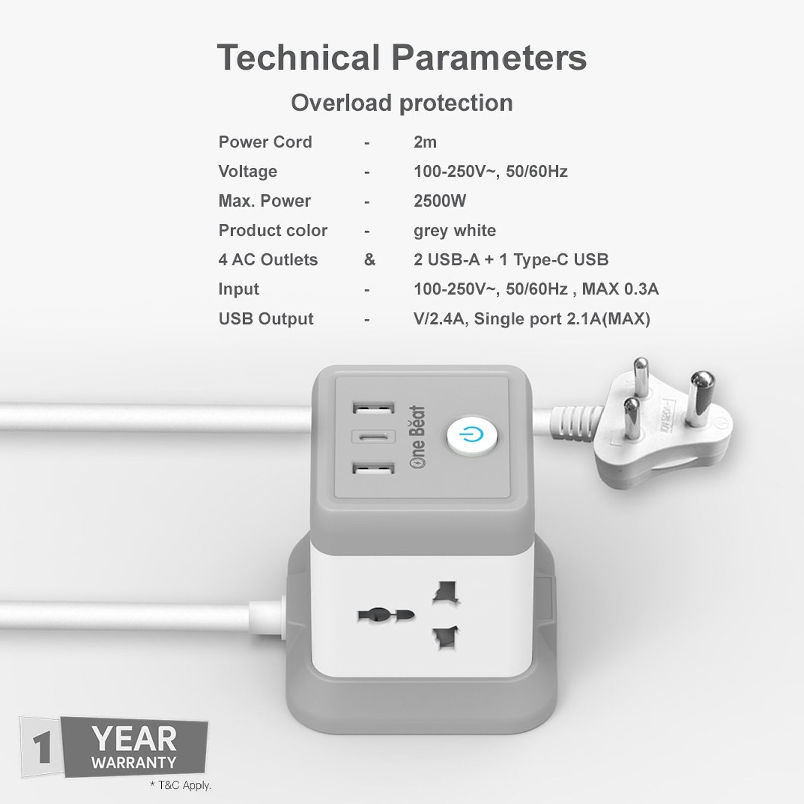 One Beat Cube 2.4 Amps 4 Sockets Extention Board (2 Meters, Auto Shut Off, OB-20432-U, White and Grey)_7