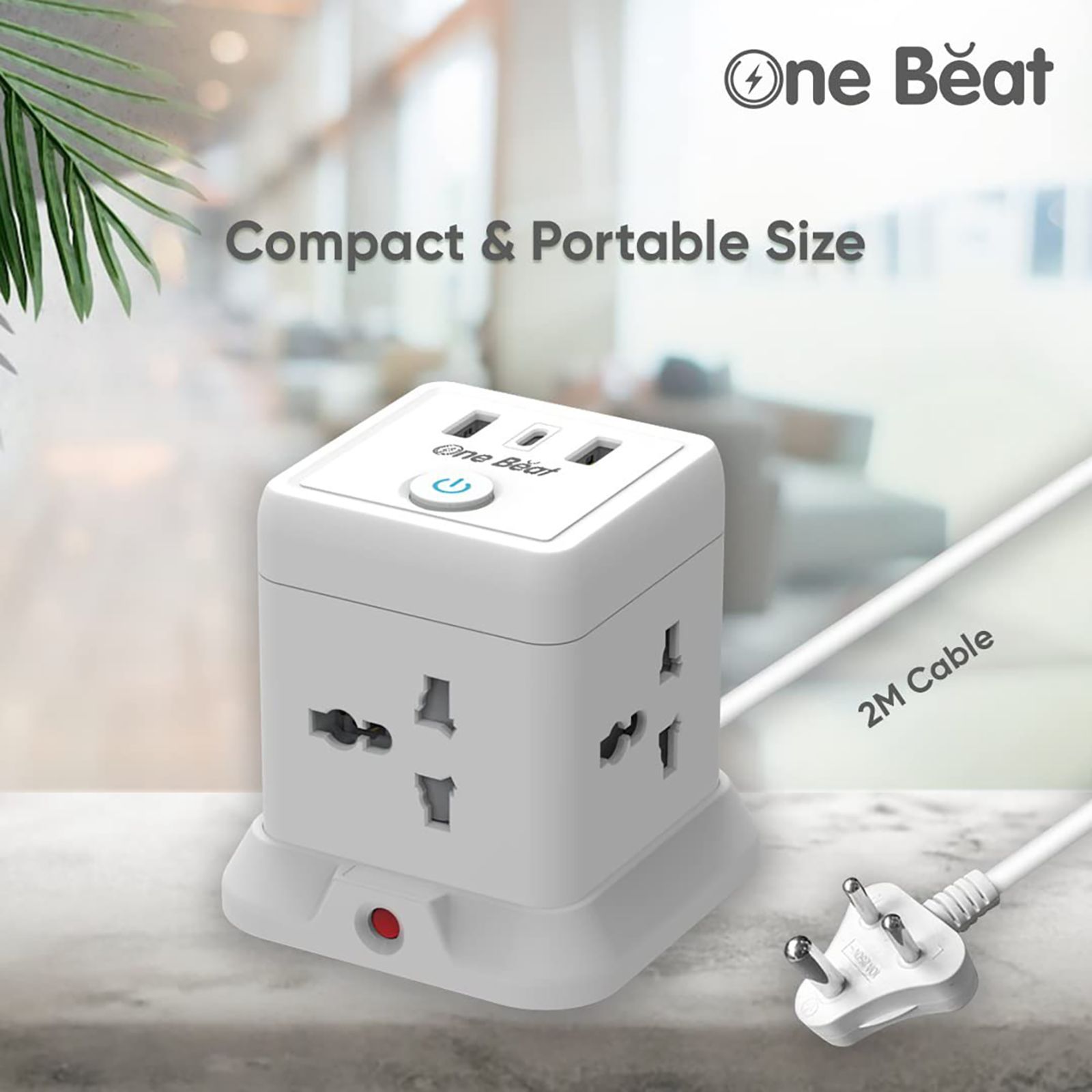 One Beat Cube 2.4 Amps 4 Sockets Extention Board (2 Meters, Auto Shut Off, OB-20432-U, White and Grey)_8