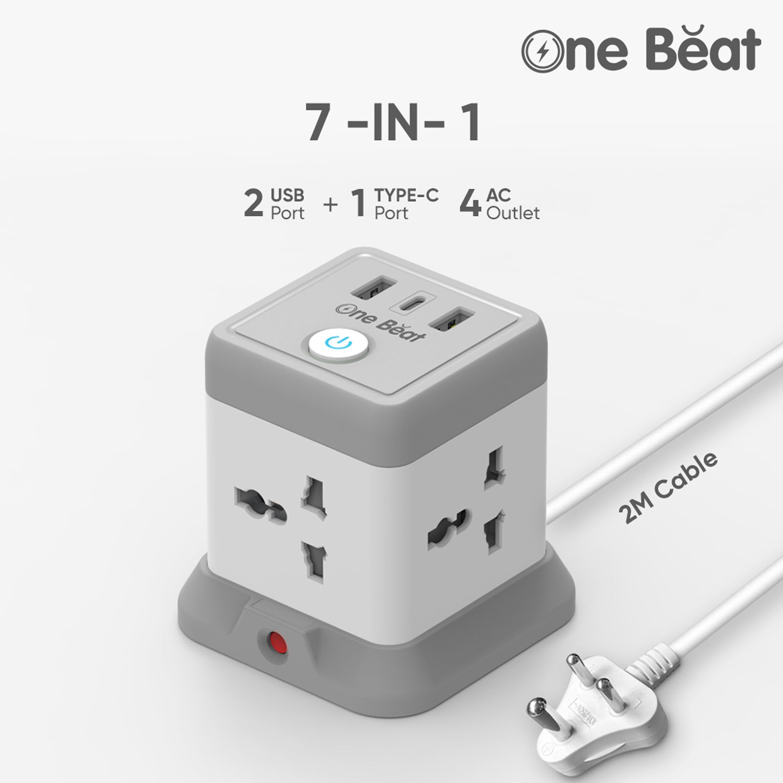 One Beat Cube 2.4 Amps 4 Sockets Extention Board (2 Meters, Auto Shut Off, OB-20432-U, White and Grey)_5