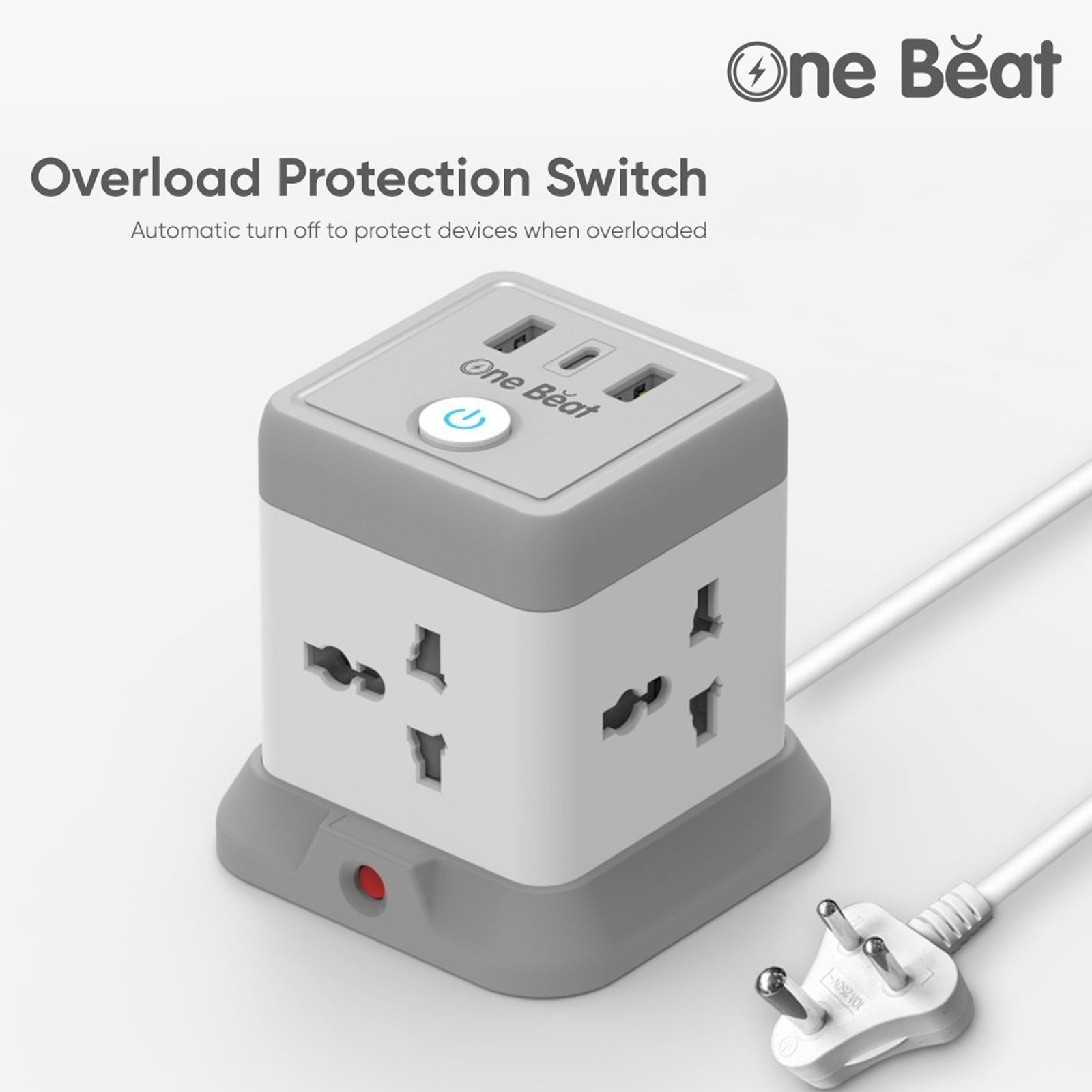 One Beat Cube 2.4 Amps 4 Sockets Extention Board (2 Meters, Auto Shut Off, OB-20432-U, White and Grey)_6