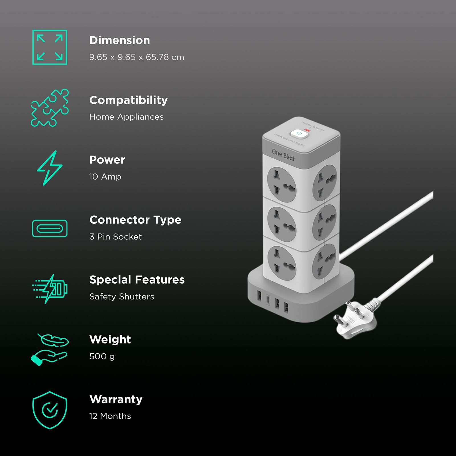 One Beat Tower 10 Amps 12 Sockets Extention Board (2 Meters, Auto Shut Off, OB-201242-U, White and Grey)_3