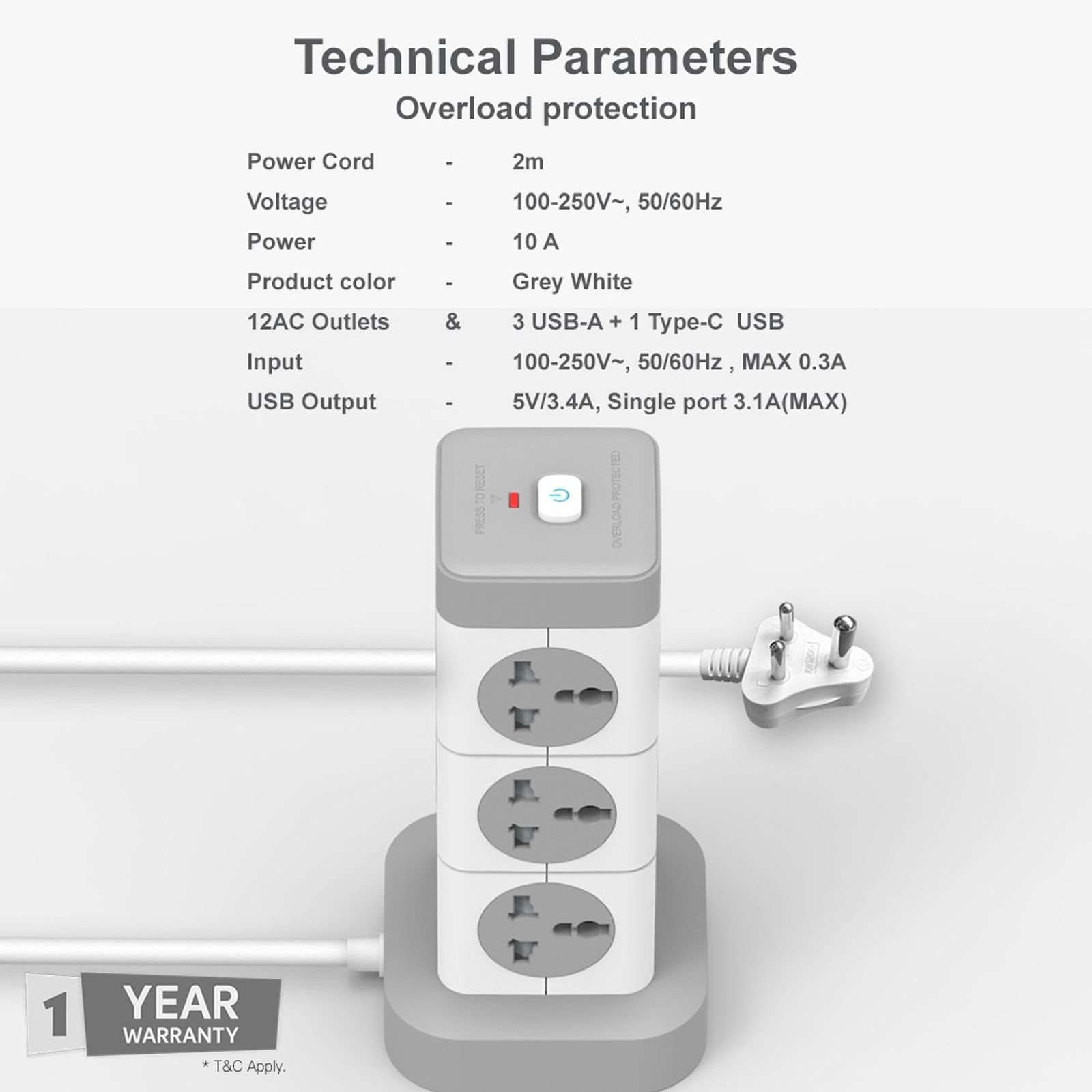 One Beat Tower 10 Amps 12 Sockets Extention Board (2 Meters, Auto Shut Off, OB-201242-U, White and Grey)_5