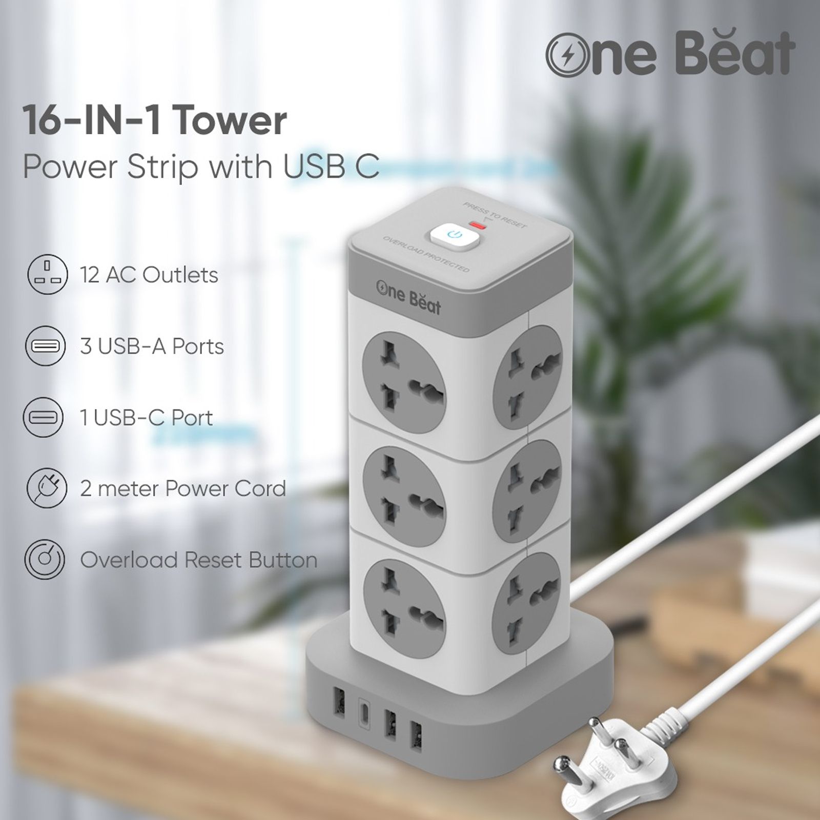 One Beat Tower 10 Amps 12 Sockets Extention Board (2 Meters, Auto Shut Off, OB-201242-U, White and Grey)_6