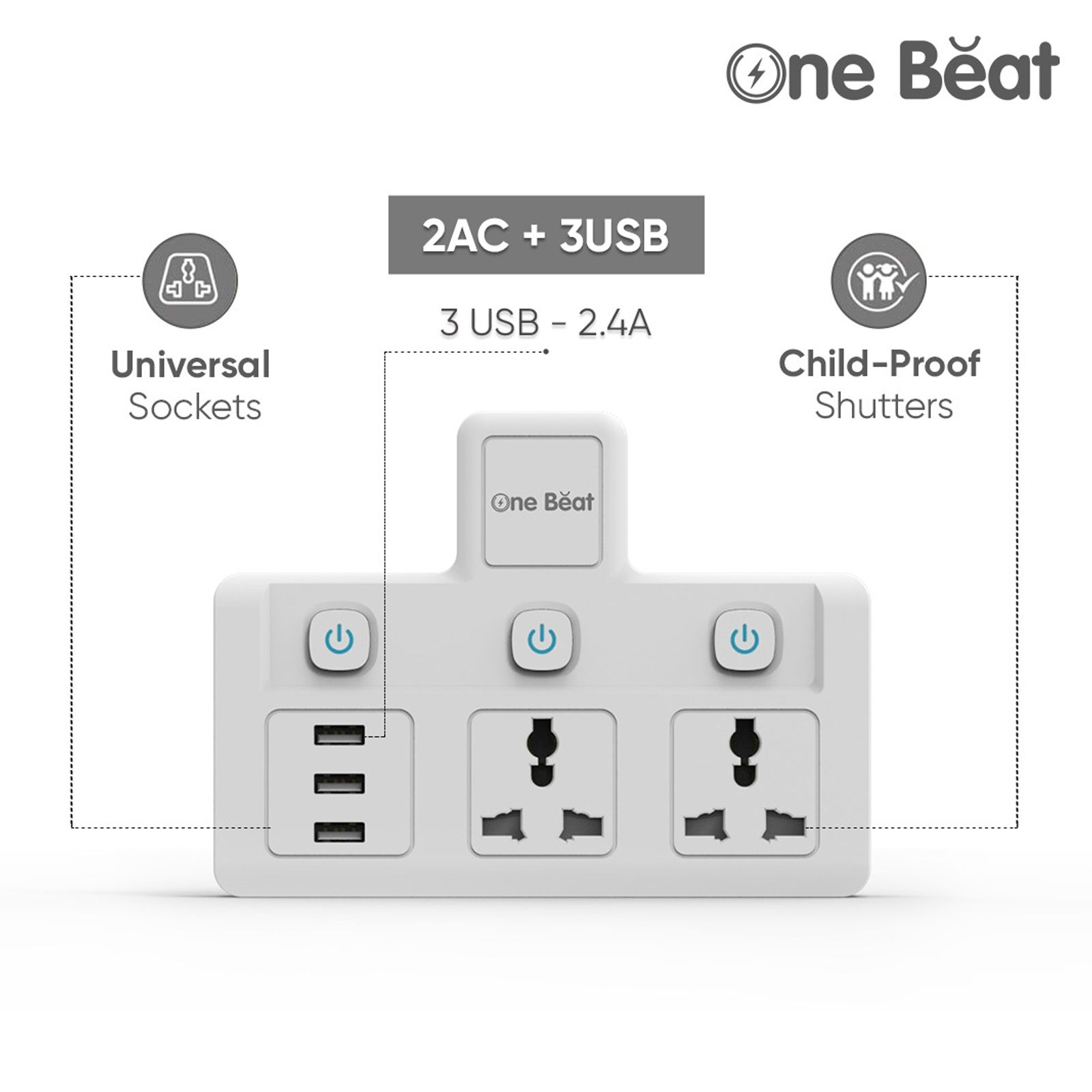 One Beat Wall Plus 10 Amps 2 Sockets Surge Protector With Individual Switch (Child Proof Shutters, OB-2023-U, White)_7