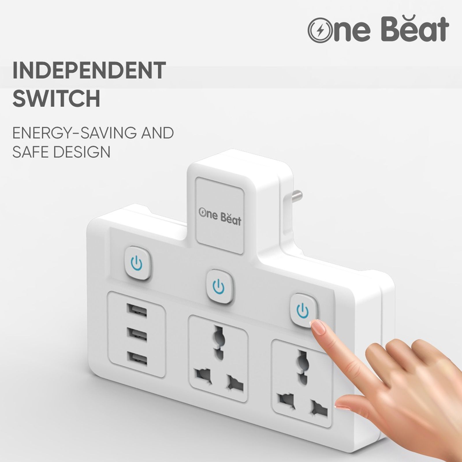 One Beat Wall Plus 10 Amps 2 Sockets Surge Protector With Individual Switch (Child Proof Shutters, OB-2023-U, White)_5