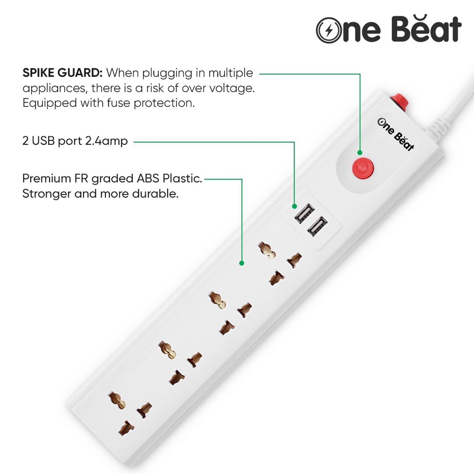 One Beat Spark 4 Plus 10 Amps 4 Sockets Extension Board (2 Meters, Short Circuit Protection, OB-20422-U, White) One Beat Spark 4 Plus 10 Amps 4 Sockets Extension Board (2 Meters, Short Circuit Protection, OB-20422-U, White)_7