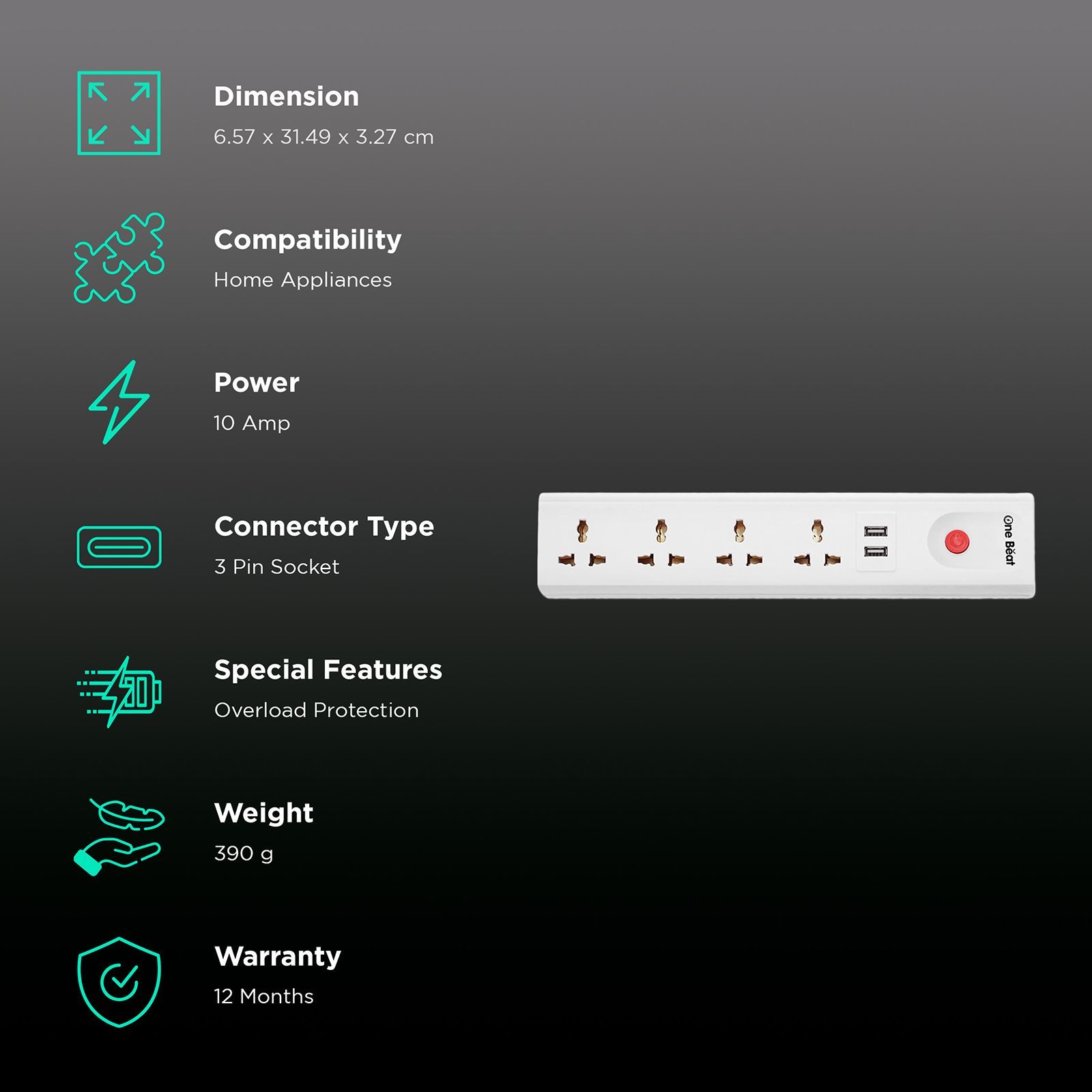 One Beat Spark 4 Plus 10 Amps 4 Sockets Extension Board (2 Meters, Short Circuit Protection, OB-20422-U, White) One Beat Spark 4 Plus 10 Amps 4 Sockets Extension Board (2 Meters, Short Circuit Protection, OB-20422-U, White)_3