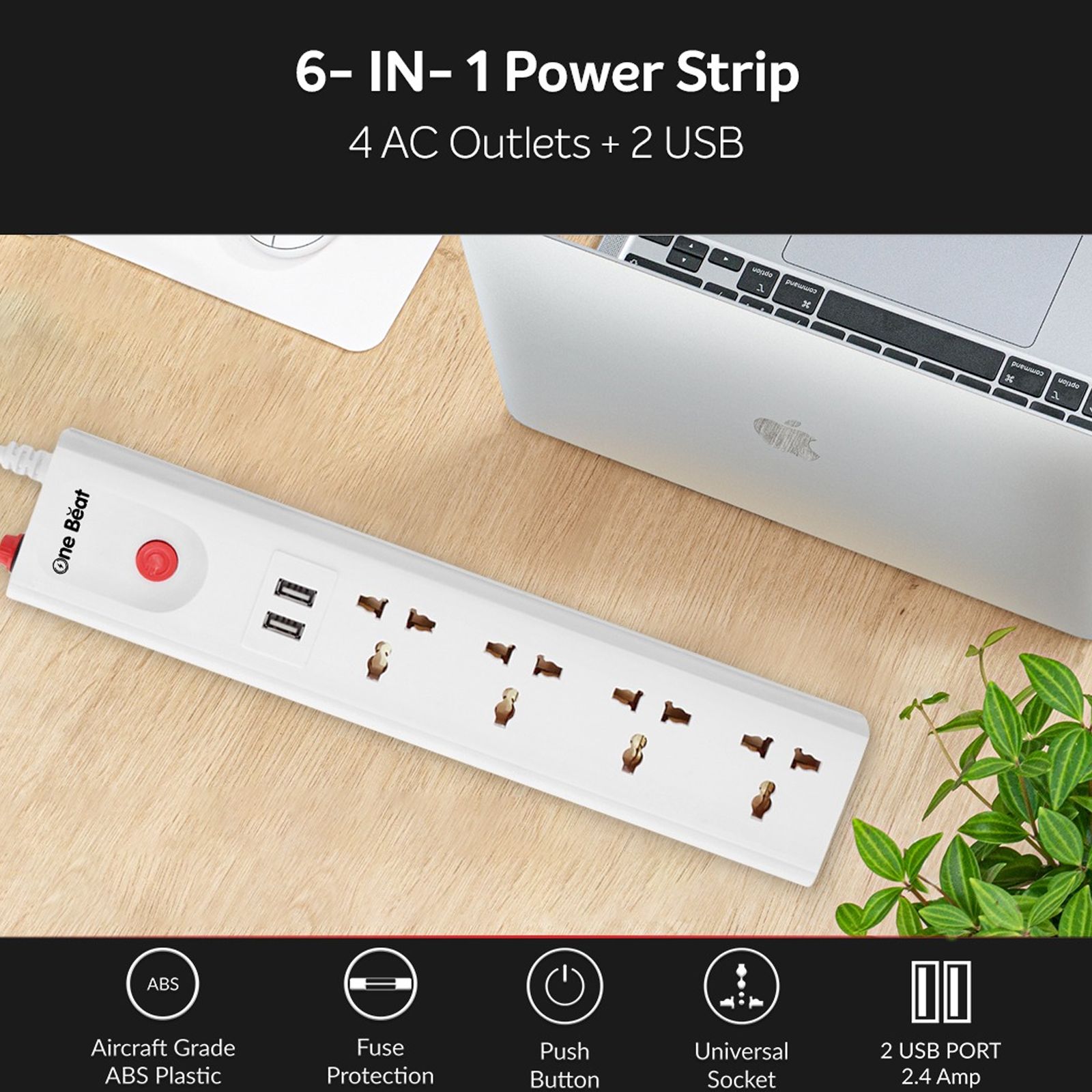 One Beat Spark 4 Plus 10 Amps 4 Sockets Extension Board (2 Meters, Short Circuit Protection, OB-20422-U, White) One Beat Spark 4 Plus 10 Amps 4 Sockets Extension Board (2 Meters, Short Circuit Protection, OB-20422-U, White)_4