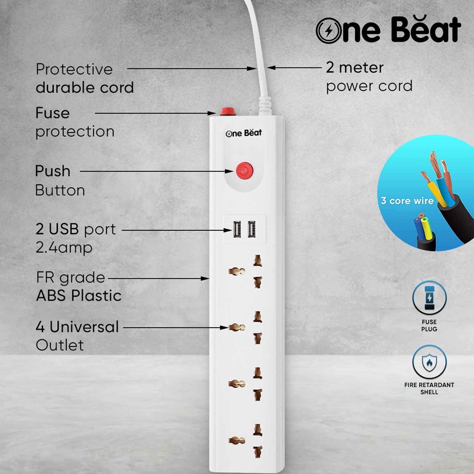 One Beat Spark 4 Plus 10 Amps 4 Sockets Extension Board (2 Meters, Short Circuit Protection, OB-20422-U, White) One Beat Spark 4 Plus 10 Amps 4 Sockets Extension Board (2 Meters, Short Circuit Protection, OB-20422-U, White)_5
