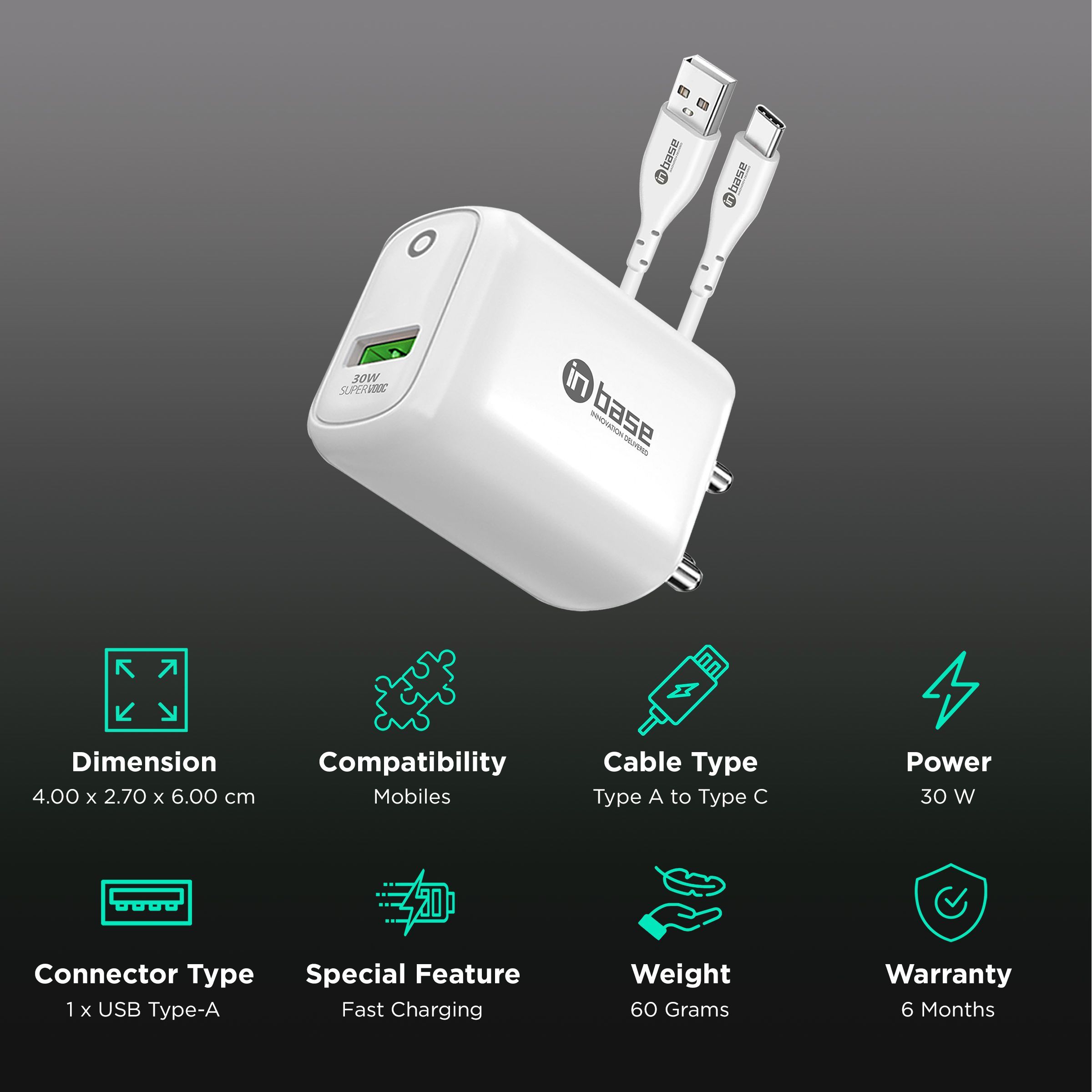 in base Ether SV301 30W Type A SUPERVOOC Charger (Type A to Type C Cable, Qualcomm Quick Charge, White)_2