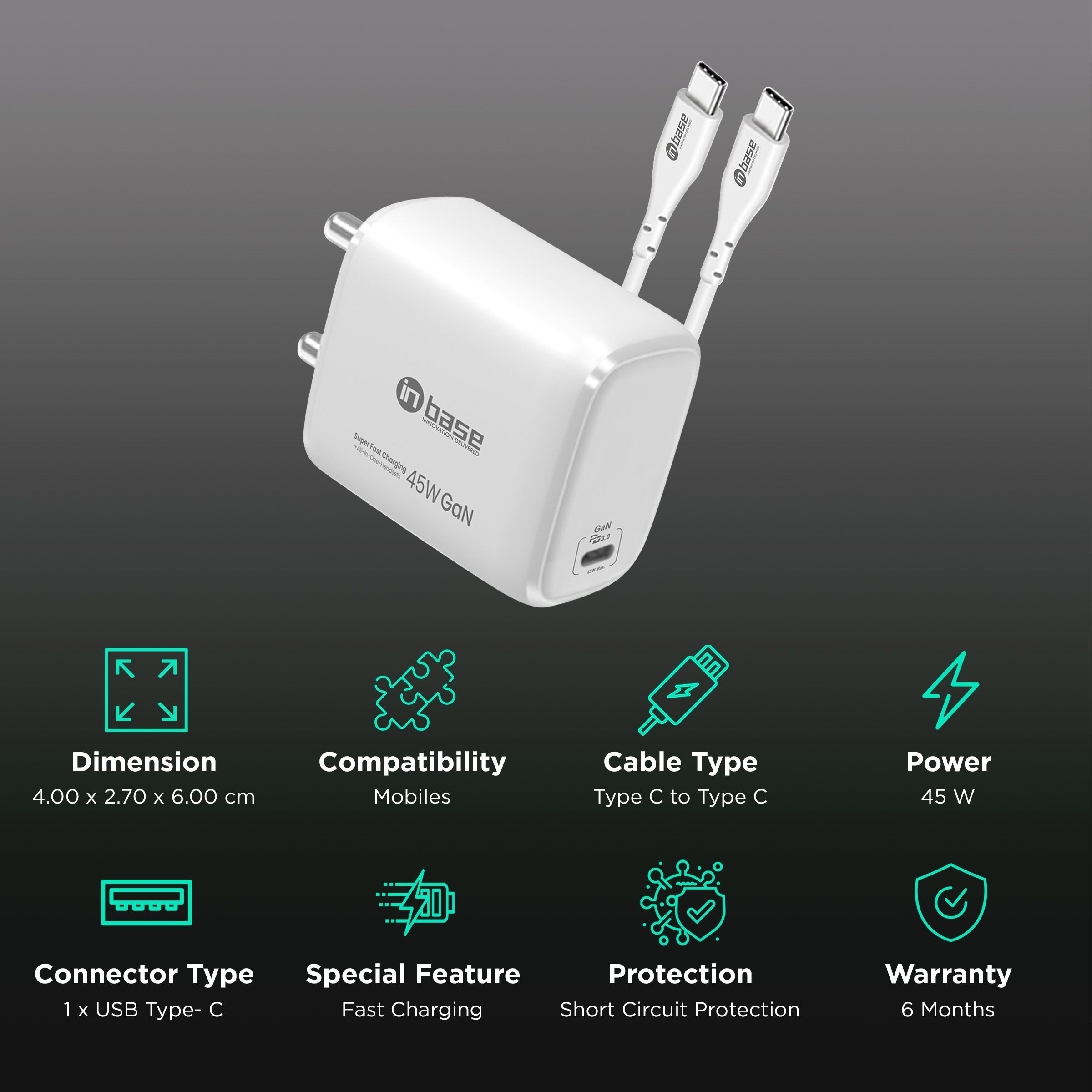 in base Ether P451 45W Type C Fast Charger (Type C to Type C Cable, Short Circuit Protection, White)_2