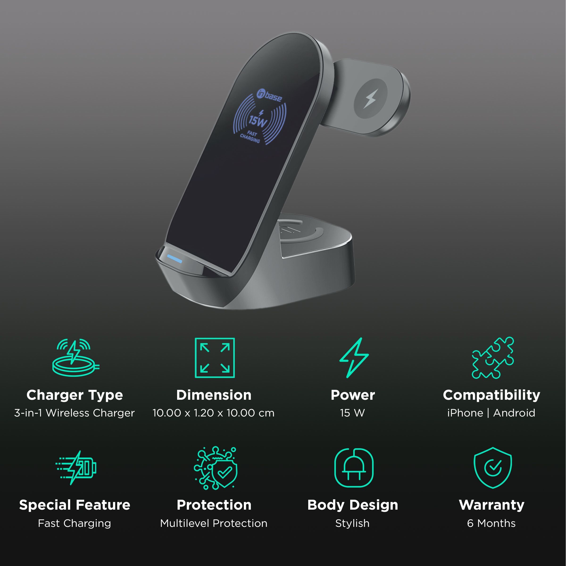 in base Ether WL152 15W 3 In 1 Wireless Charger Stand for iOS, Android, Smartwatch and TWS Earbuds (Fast Charging Capability, Black) in base Ether WL152 15W 3 In 1 Wireless Charger Stand for iOS, Android, Smartwatch and TWS Earbuds (Fast Charging Capability, Black)_2