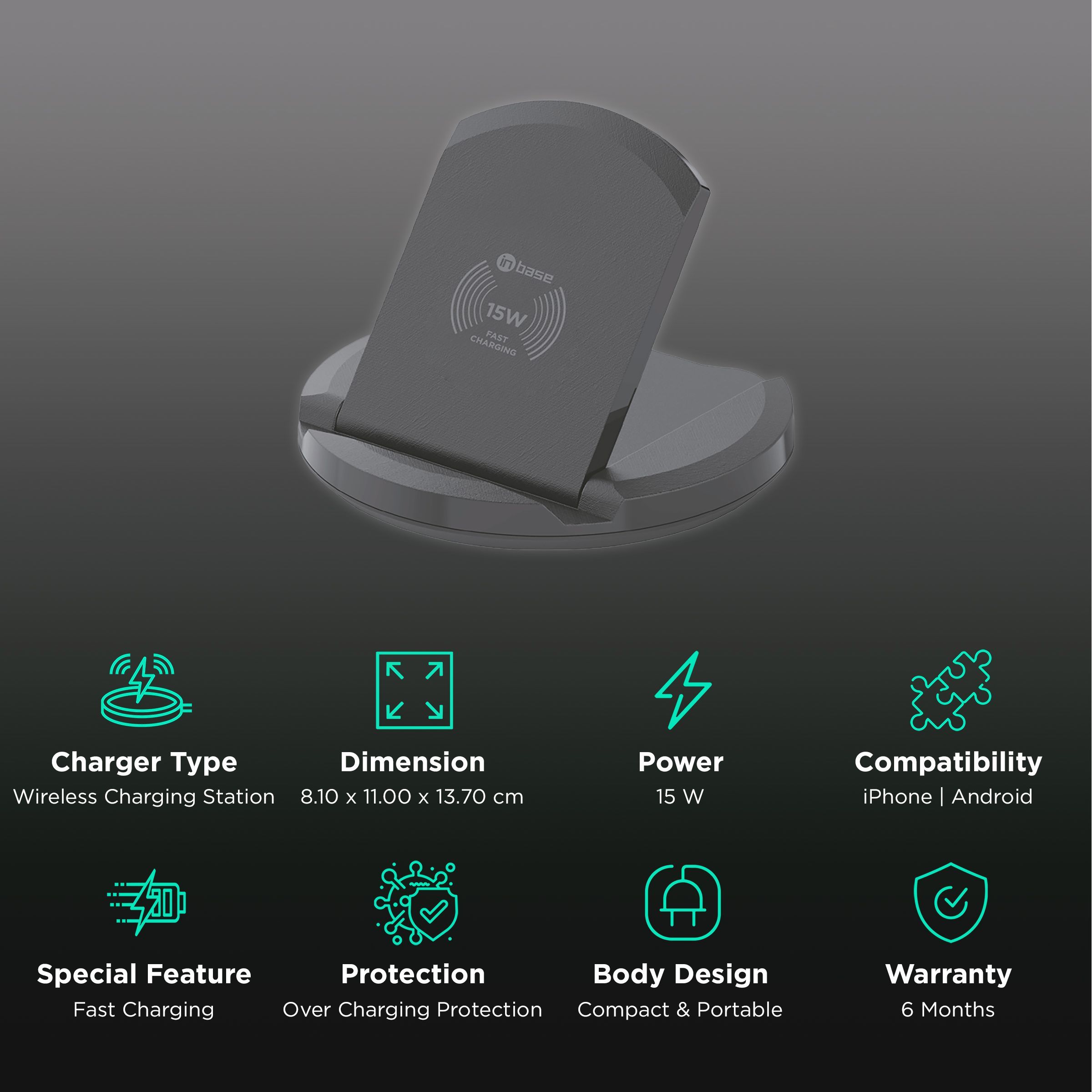 in base Ether WL151 15 Watts Wireless Charging Stand for Samsung, Honor, Xiaomi, iPhone 12, 12 Pro, 12 Pro Max, 11, 11 Pro, X, XS (Qi Certified, Over Charging Protection, Black)_2